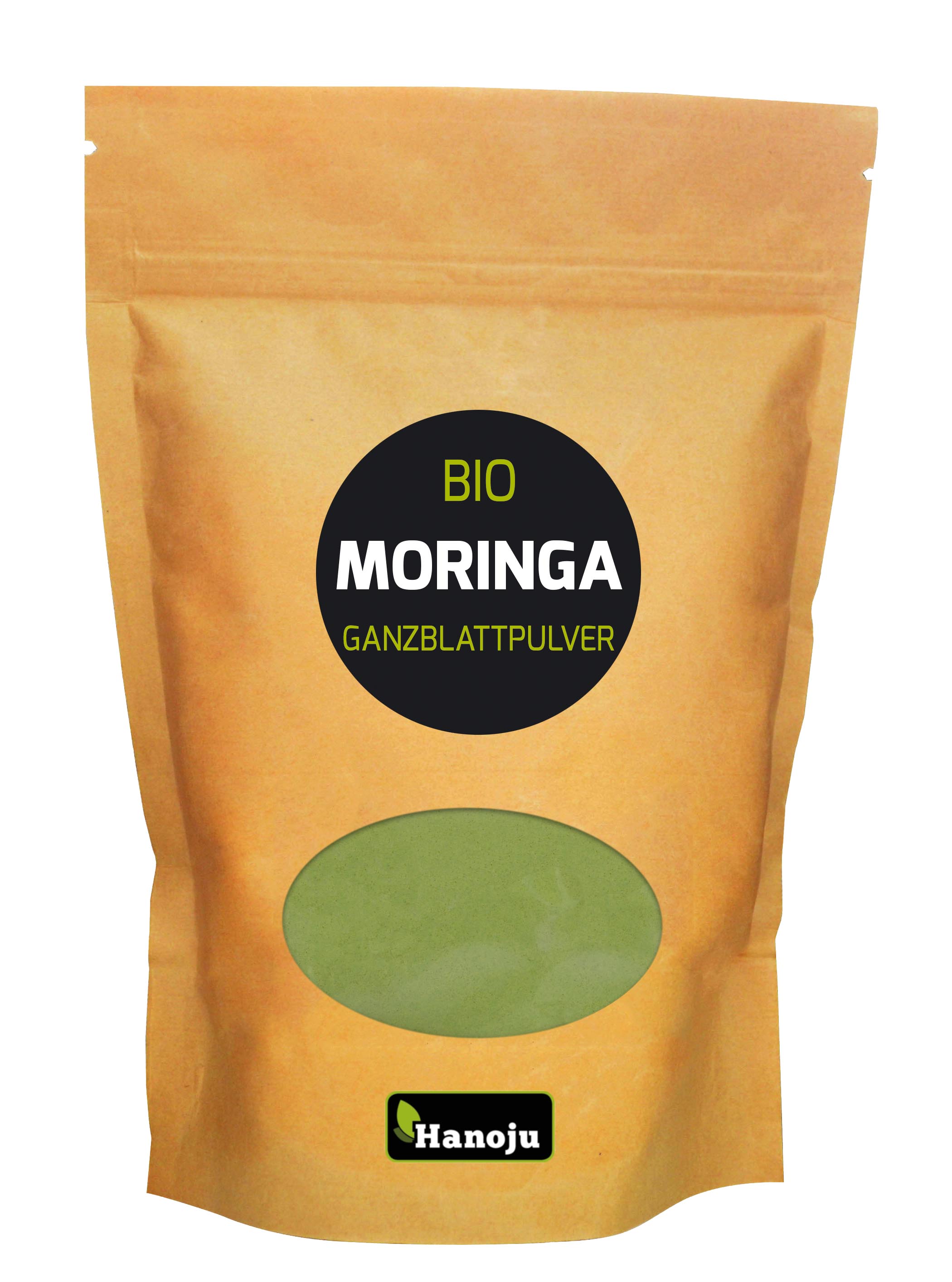 Verpackung von Bio Moringa Ganzblattpulver in einem braunen Beutel mit schwarzem Etikett.