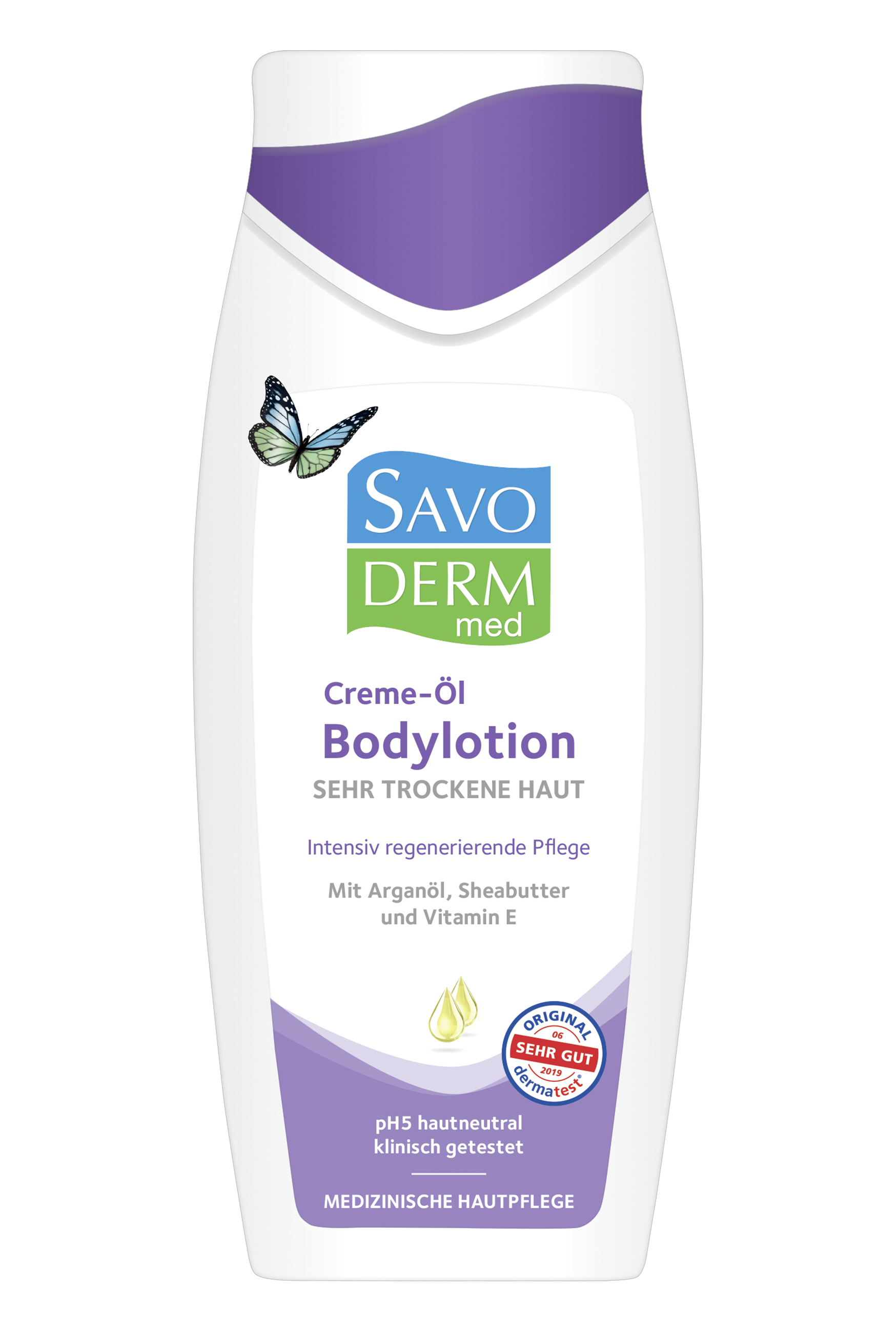 Produktverpackung von SavoDERM med Creme-Öl Bodylotion für sehr trockene Haut, mit Angaben zu Inhaltsstoffen und Pflegeeigenschaften.