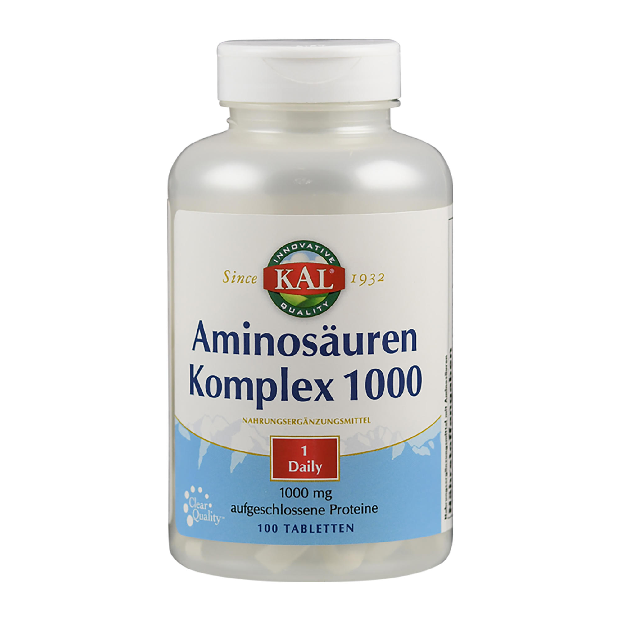 Flasche mit Nahrungsergänzungsmittel "Aminosäuren Komplex 1000", 100 Tabletten, 1000 mg Pro Tag.