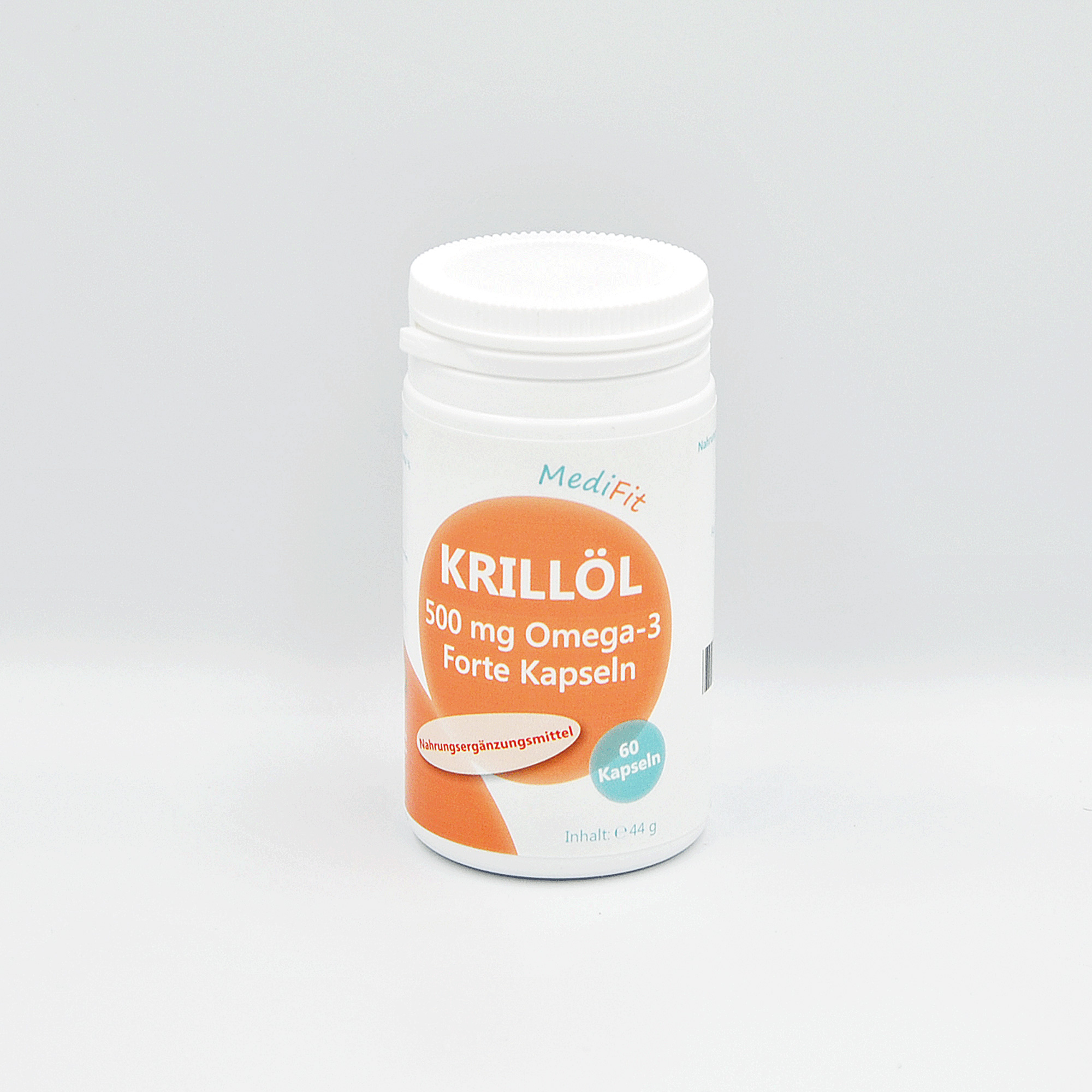 Weißes Fläschchen mit einem orangefarbenen Etikett, das "KRILLÖL 500 mg Omega-3 Forte Kapseln" und "60 Kapseln" anzeigt.