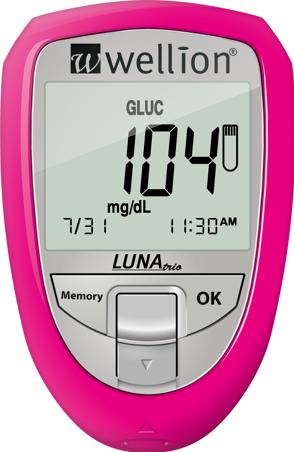 Blutzuckermessgerät in Pink mit einem Display, das den Wert 104 mg/dL und das Datum 31.07. sowie die Zeit 11:30 AM anzeigt.