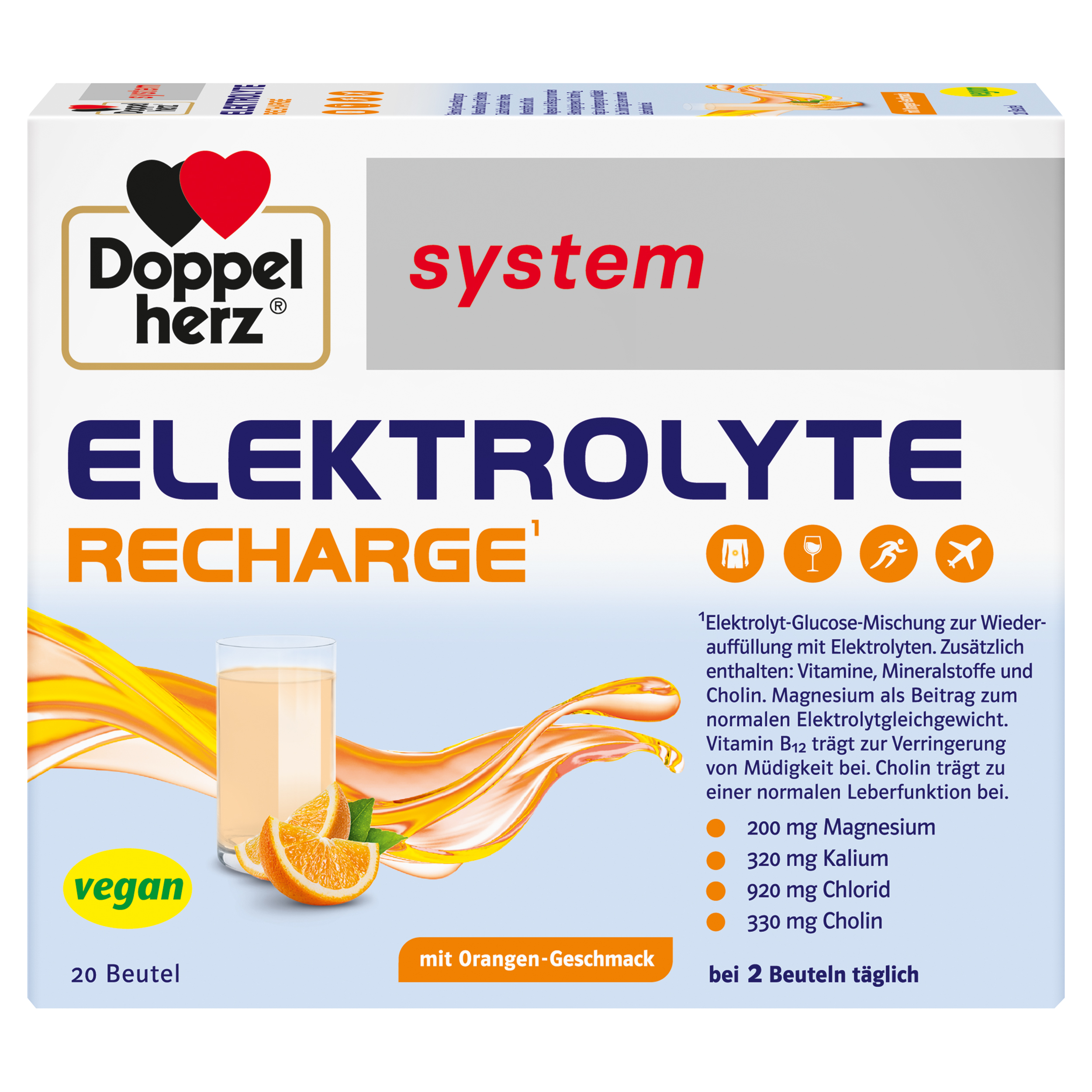 Verpackung des Produkts "Doppelherz Elektrolyte Recharge" mit einer Beschreibung, die Nährstoffe wie Magnesium, Chlorid und Cholin sowie den Hinweis auf veganen Orangengeschmack enthält.