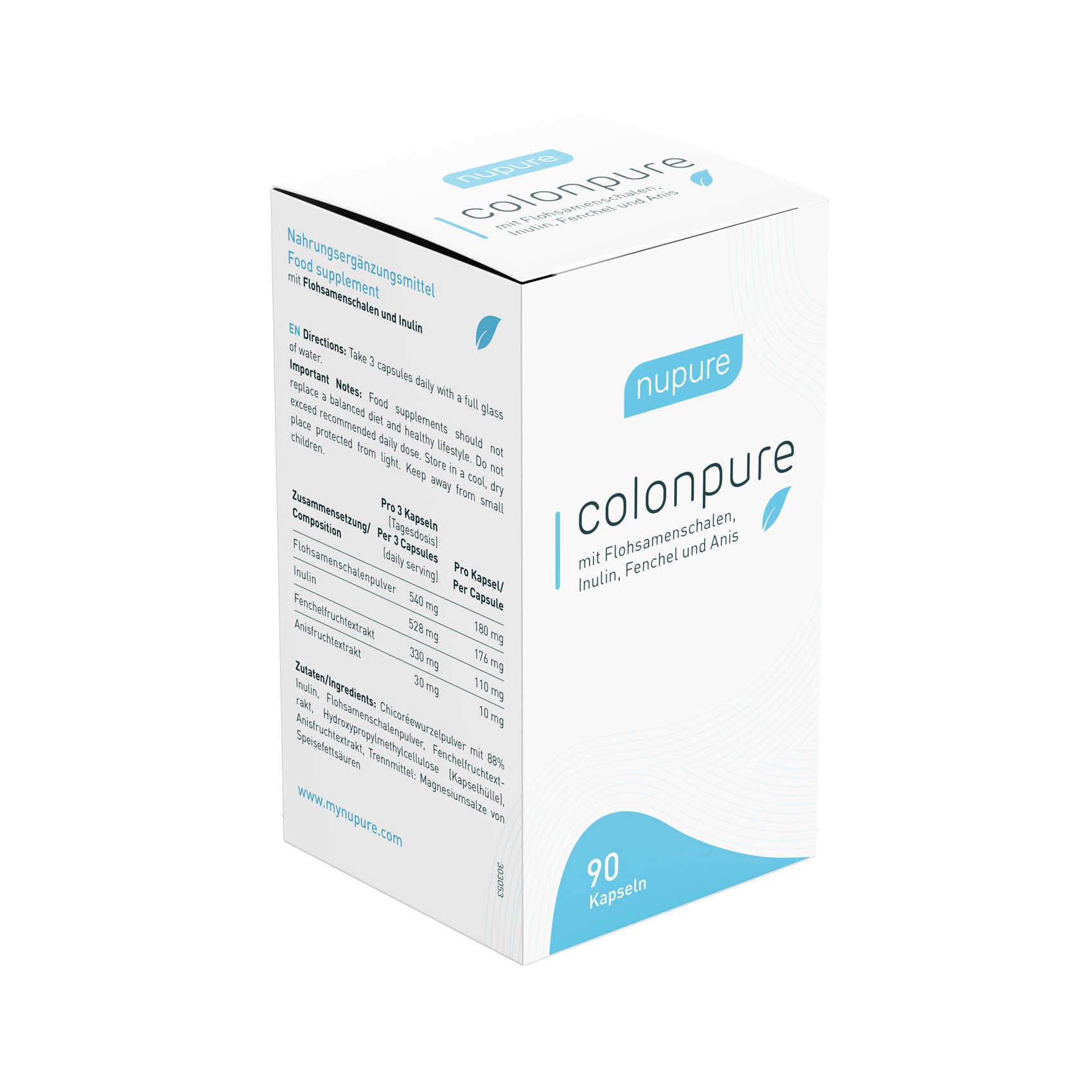 Verpackung des Nahrungsergänzungsmittels "colonpure" mit 90 Kapseln, auf der Seite verschiedene Inhaltsstoffe und Nährwertangaben.