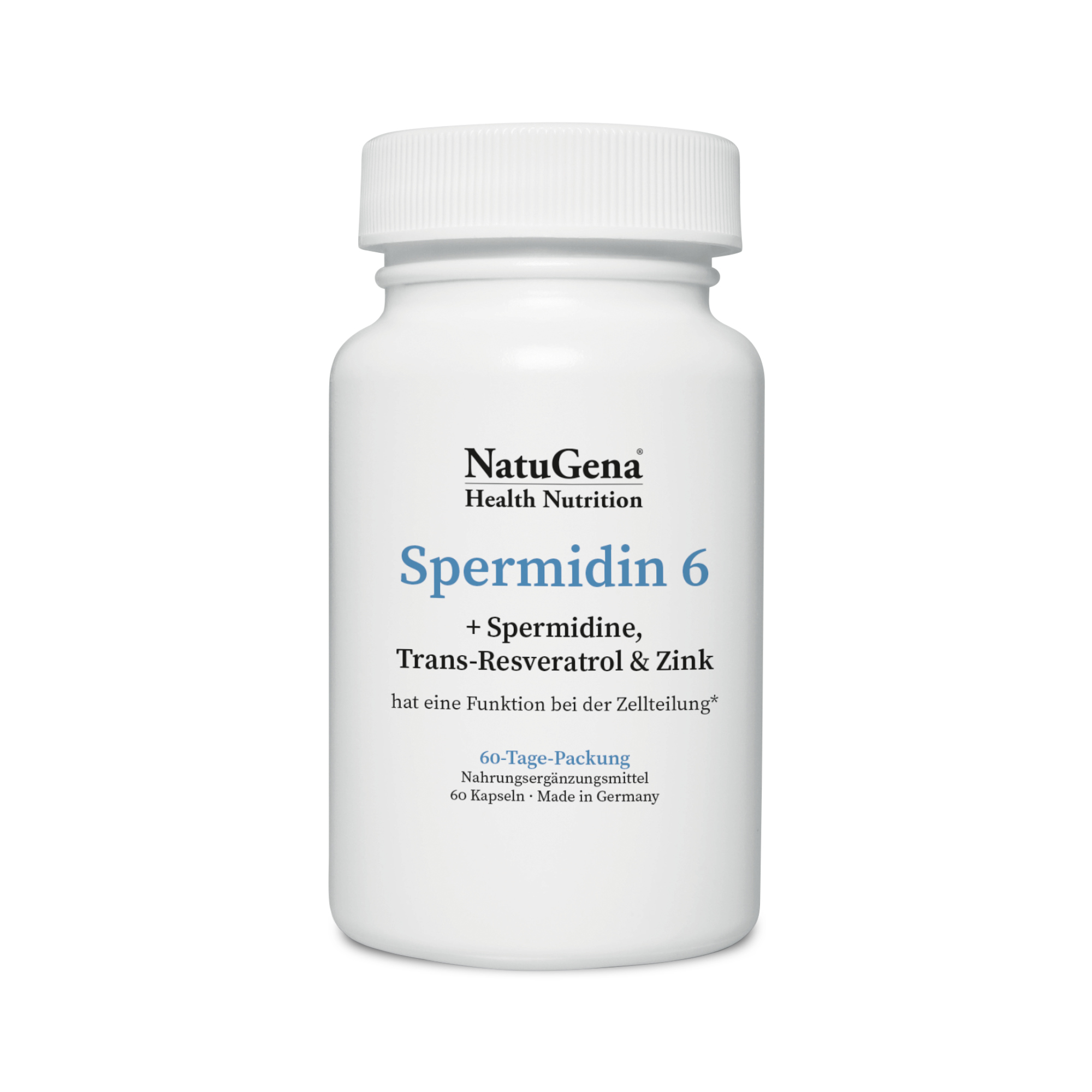 Weißes Fläschchen mit dem Aufdruck "Spermidin 6" von NatuGena, ergänzt mit Spermidin, Trans-Resveratrol und Zink, 60 Kapseln, Verpackung für 60 Tage.