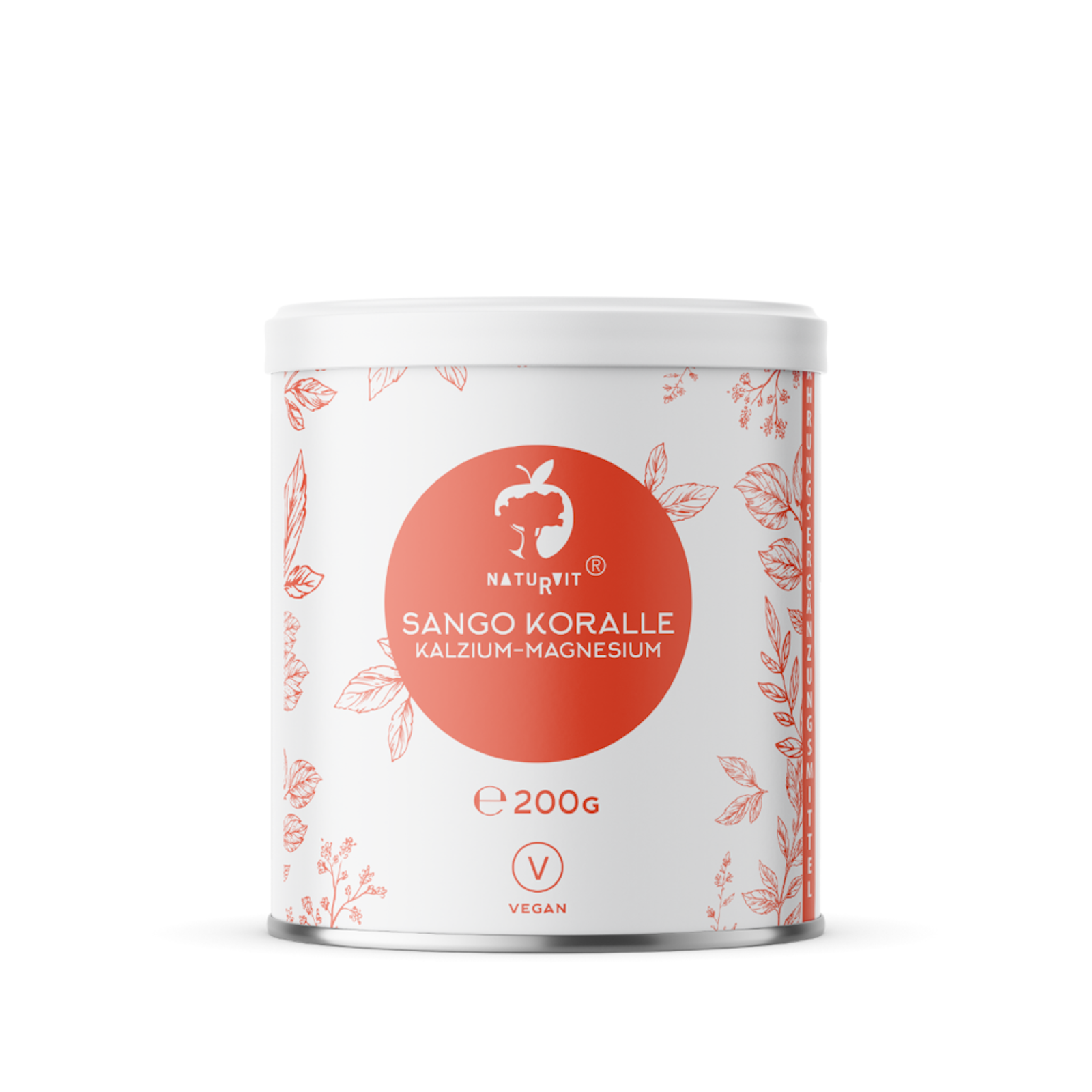 Dose mit Sango Koralle, Kalzium-Magnesium, 200 g, vegan, verziert mit Pflanzenmotiven.
