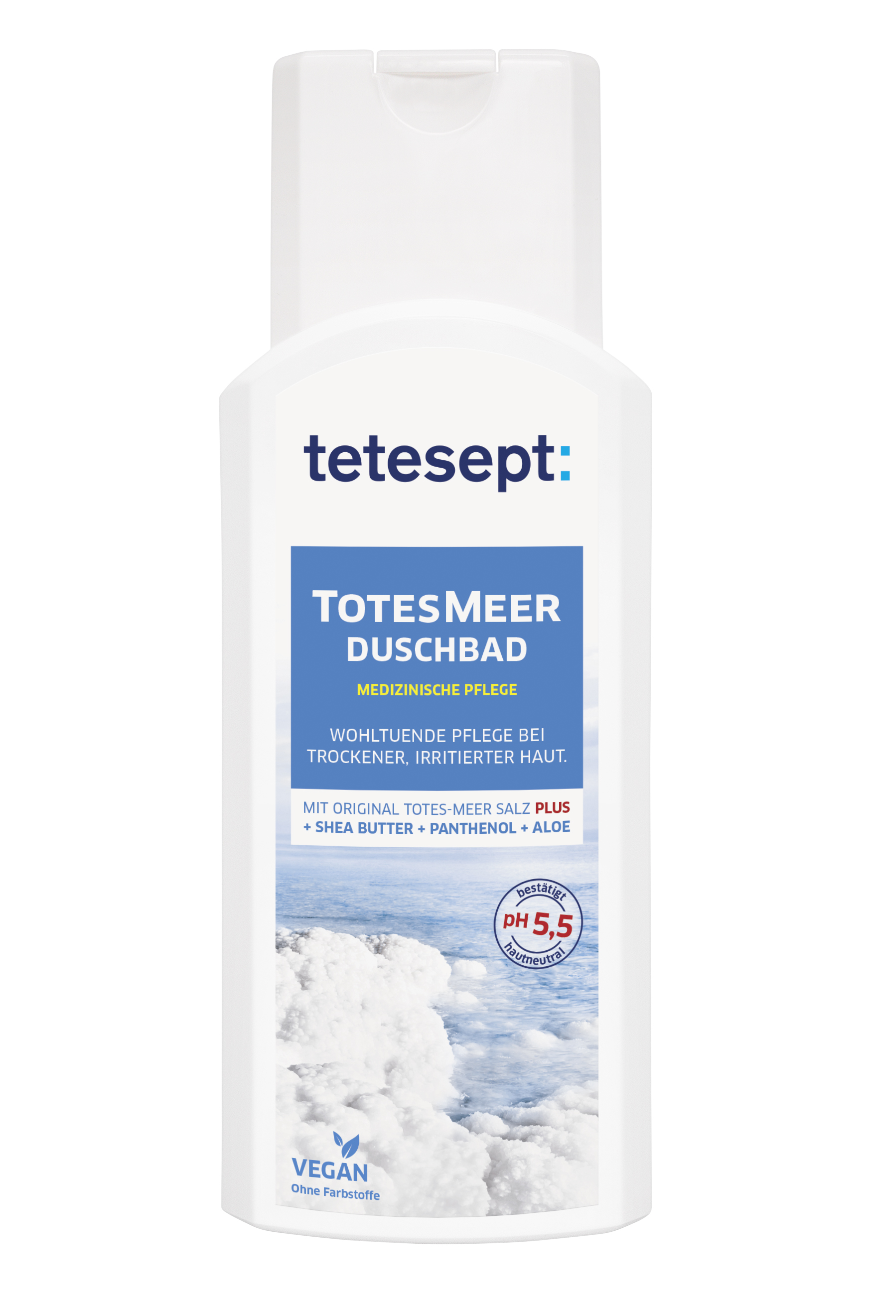 Flasche tetesept Totes Meer Duschbad mit Angaben zur Pflege bei trockener, irritierter Haut.