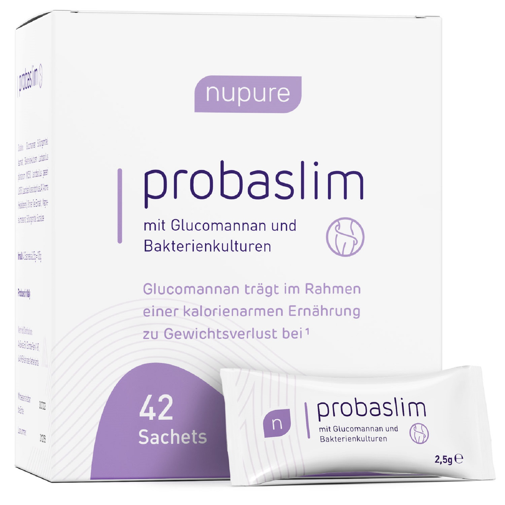 Verpackung von Probasilm mit Glucomannan und Bakterienkulturen in einem Karton mit 42 Sachets.