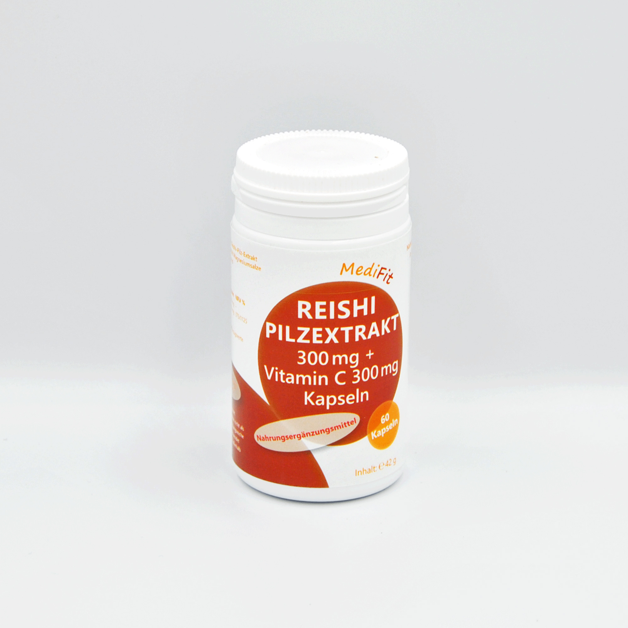 Flasche mit Reishi Pilzextrakt 300 mg und Vitamin C 300 mg Kapseln.