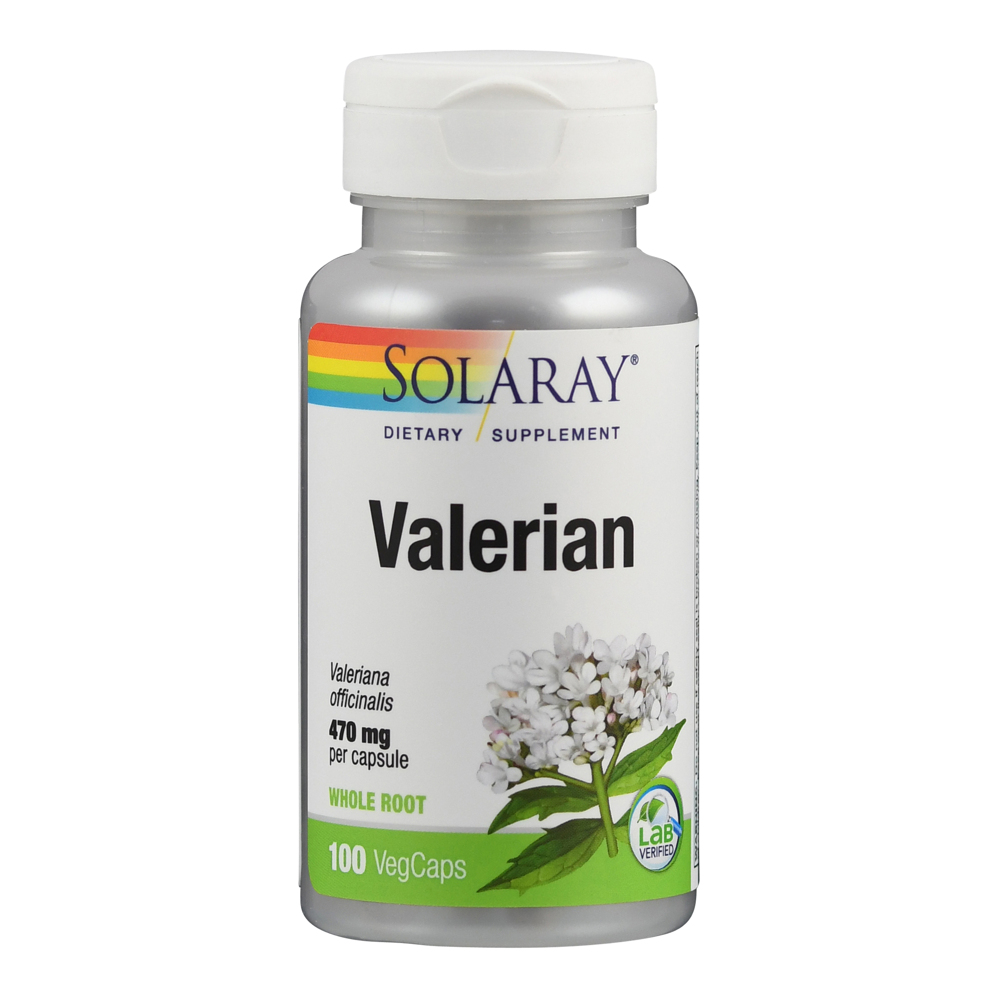 Flasche mit einem Nahrungsergänzungsmittel namens "Valerian" von Solaray, das 100 Kapseln mit 470 mg Baldrianwurzel pro Kapsel enthält.