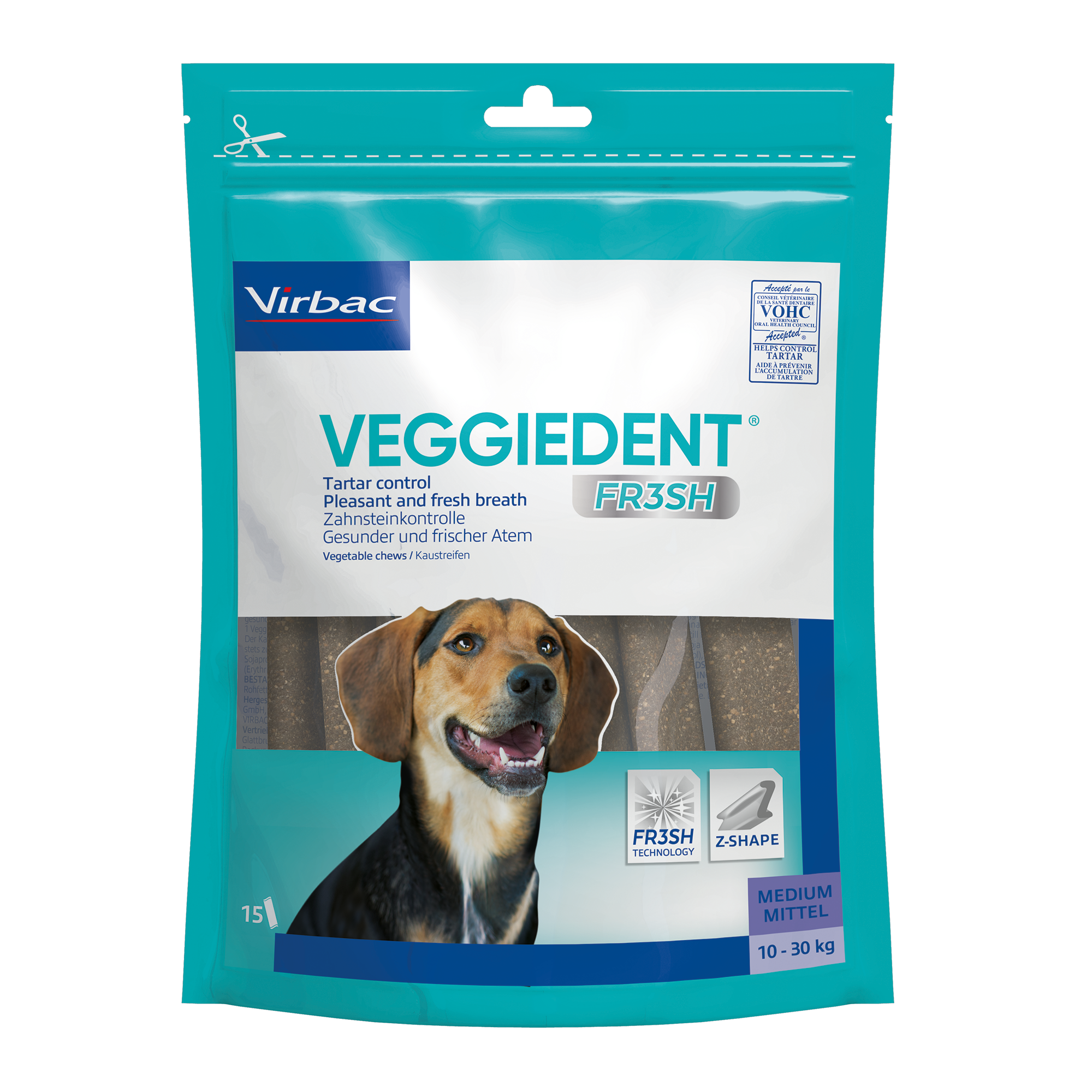 Tüte mit Hundesnacks für Zahnreinigung und frischen Atem, Marke Virbac, Vegetarisch, für Hunde mit einem Gewicht von 10–30 kg.
