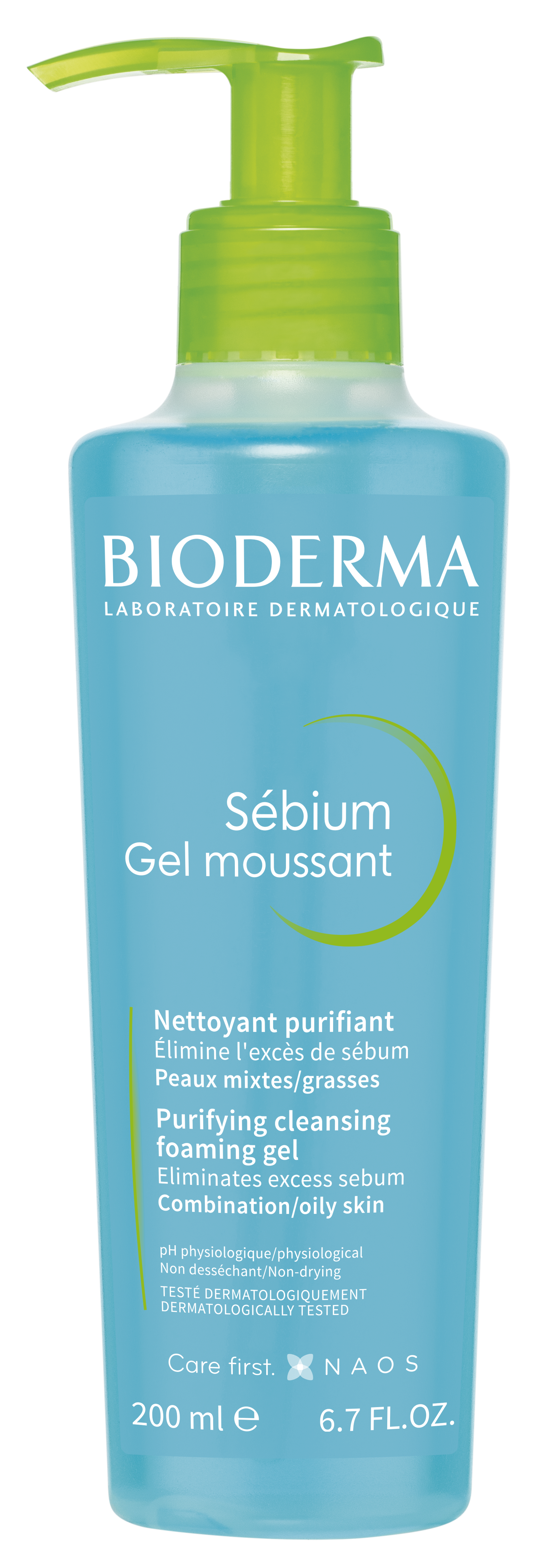 Flasche Bioderma Sébium Gel moussant, 200 ml, mit grüner Pumpe und etikettiert als Reinigungs- und Schäumgel für Mischhaut und fettige Haut.