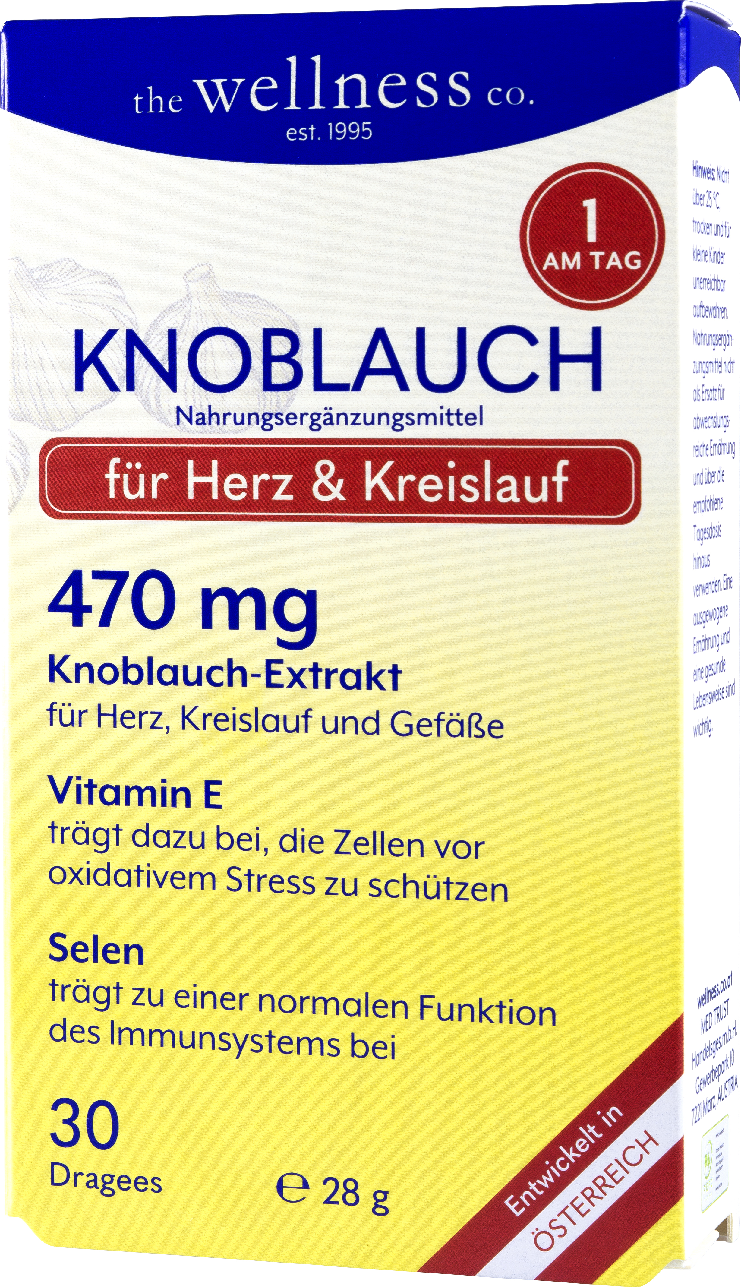 Produktverpackung für ein Nahrungsergänzungsmittel mit Knoblauchextrakt, das zur Unterstützung von Herz, Kreislauf und Gefäßen dient.