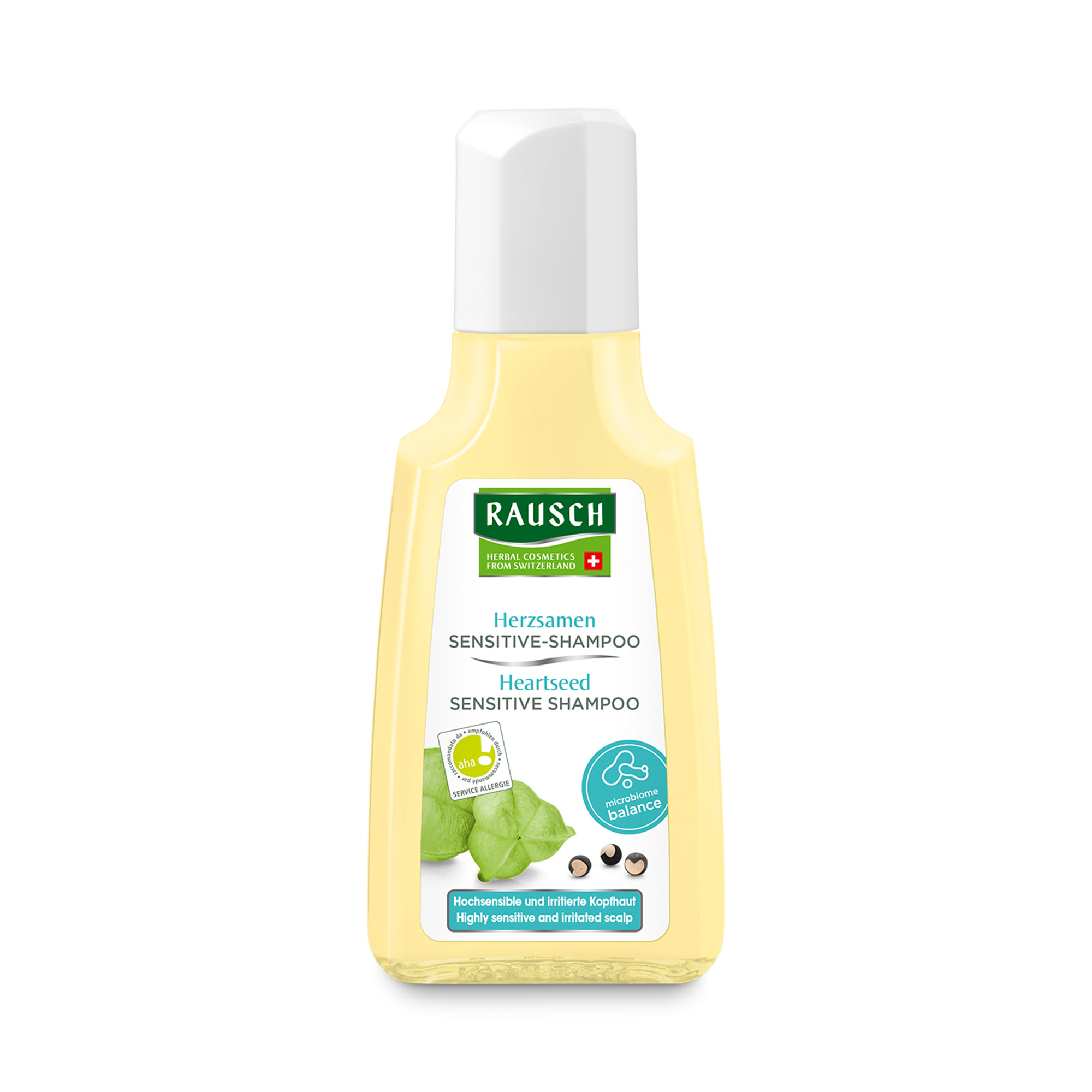 Flasche mit Rausch Herzsamen Sensitive-Shampoo, gelbe Verpackung mit weißem Deckel und grünen Akzenten.