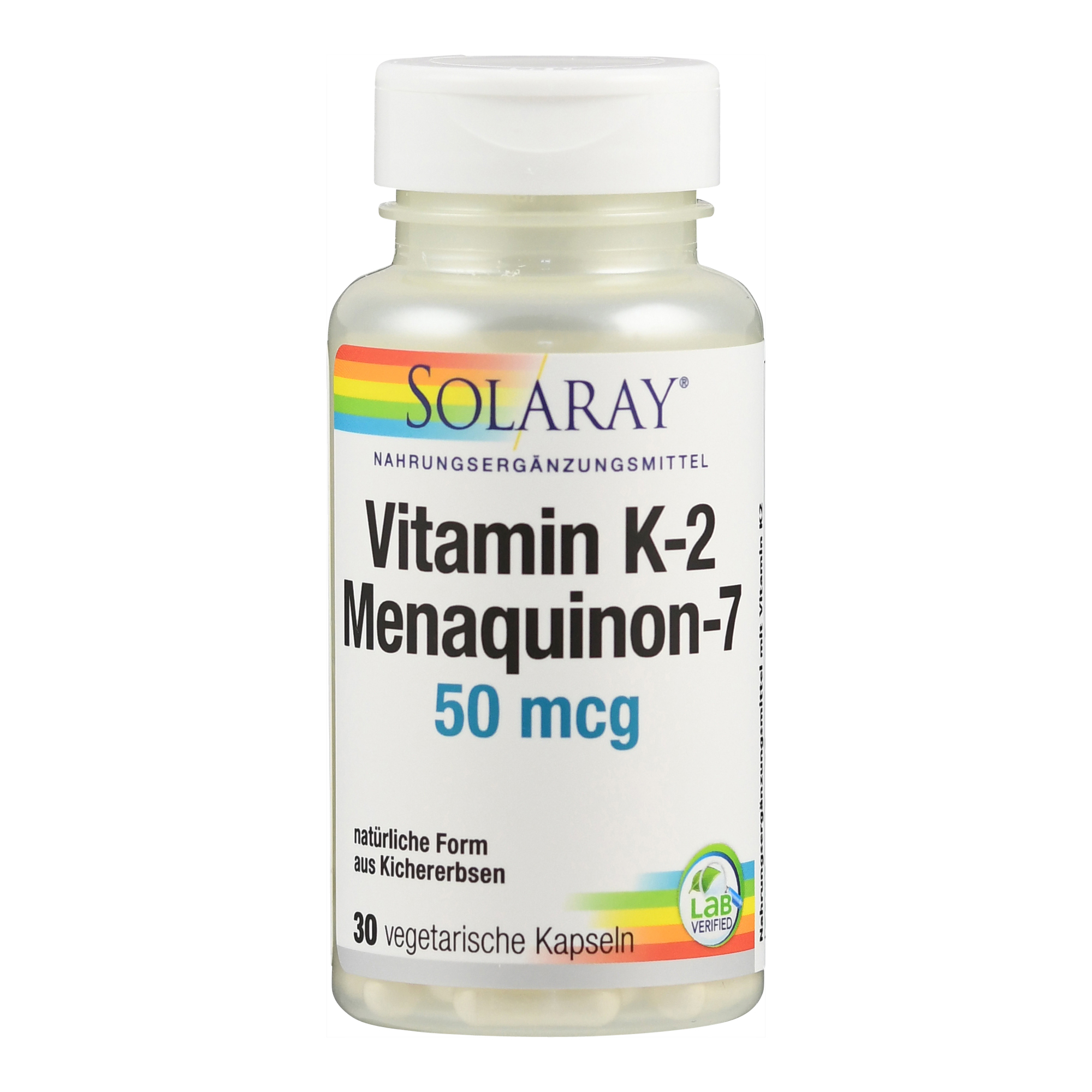 Flasche mit Solaray Vitamin K2 (Menaquinon-7) Kapseln, 50 mcg, 30 veget. Kapseln.