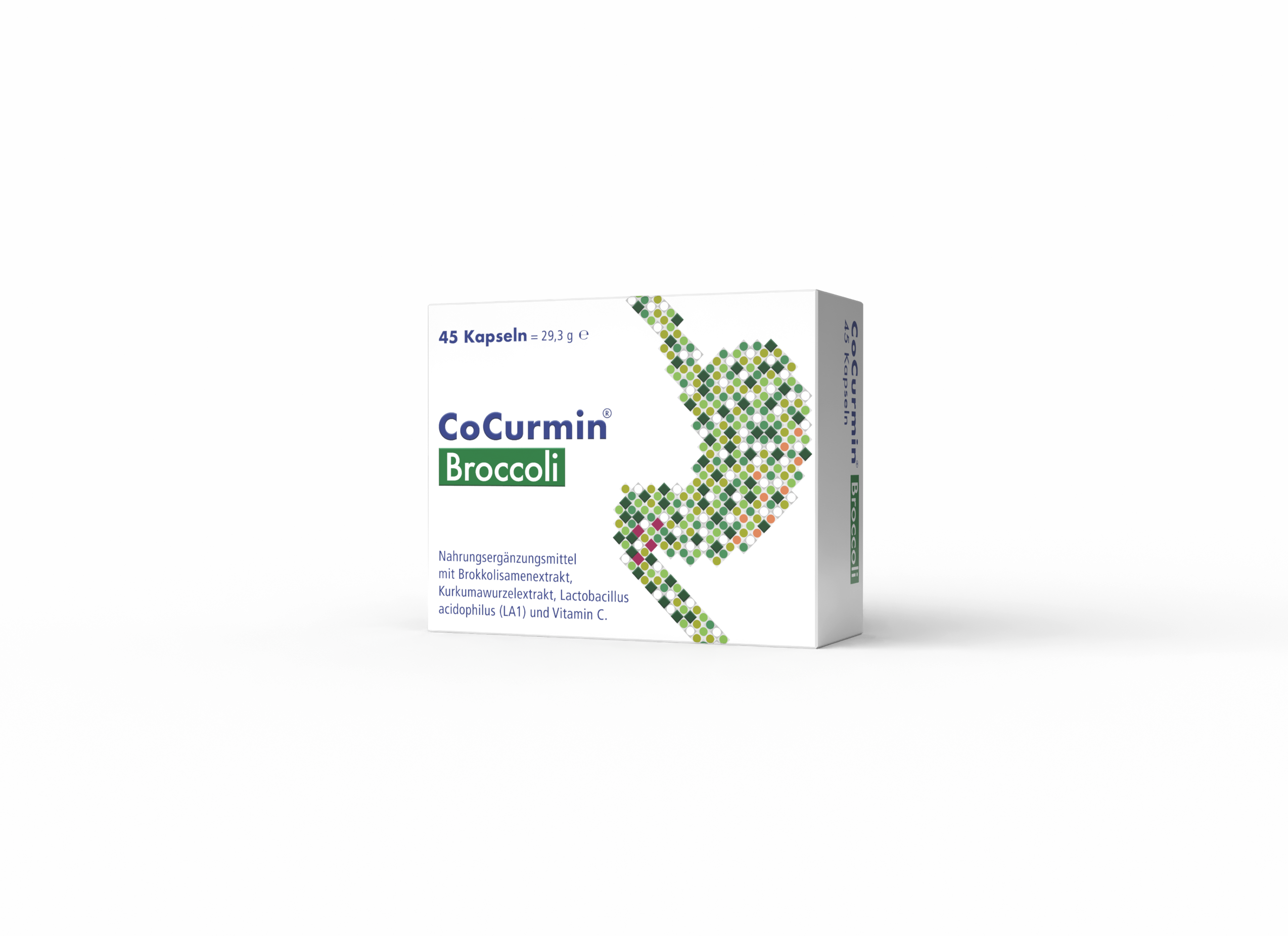 Verpackung von CoCurmin Broccoli mit 45 Kapseln, präsentiert in einer weißen Box mit grüner und blauer Schrift.