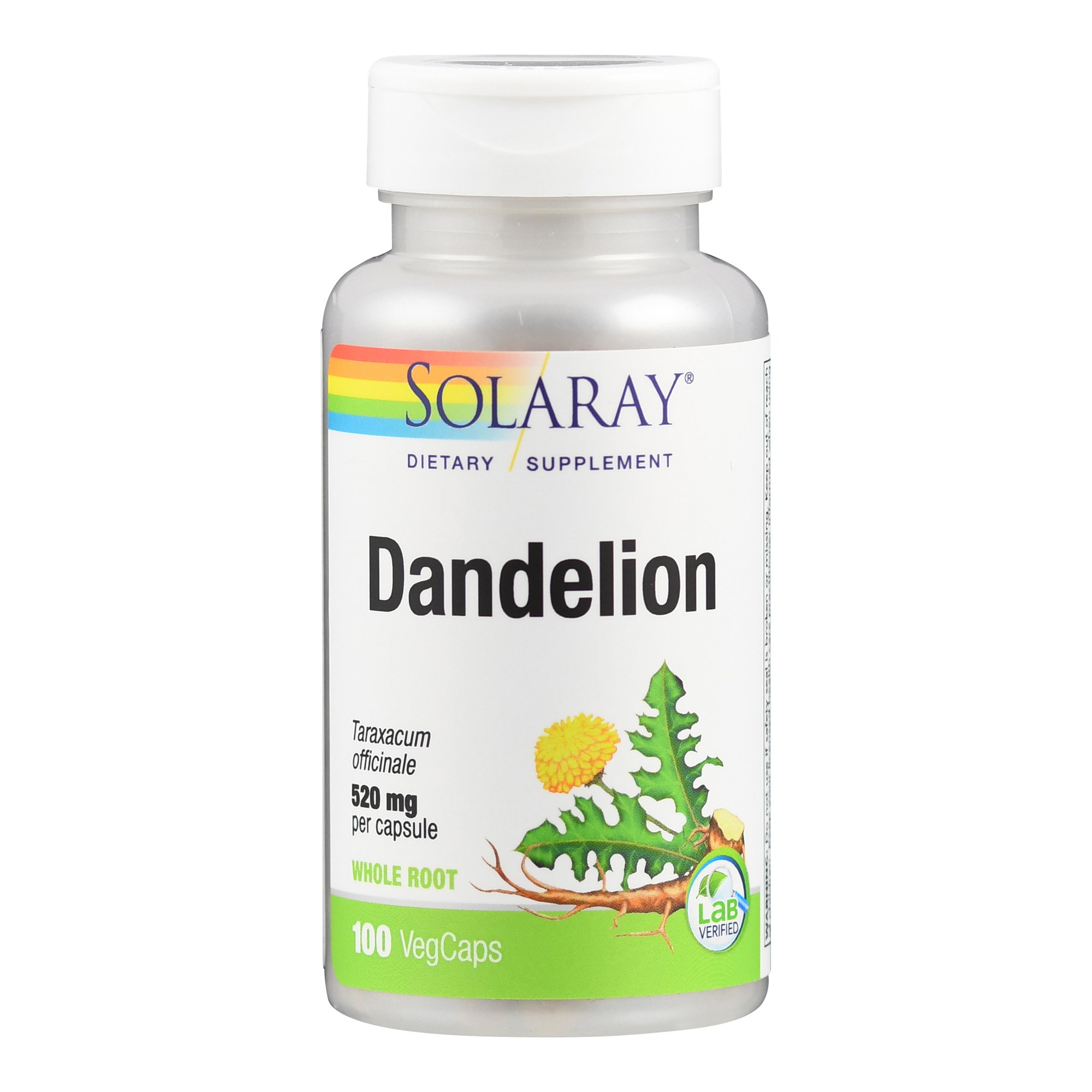 Flasche mit Dandelion (Löwenzahn) Nahrungsergänzungsmittel von Solaray, 100 VegCaps.