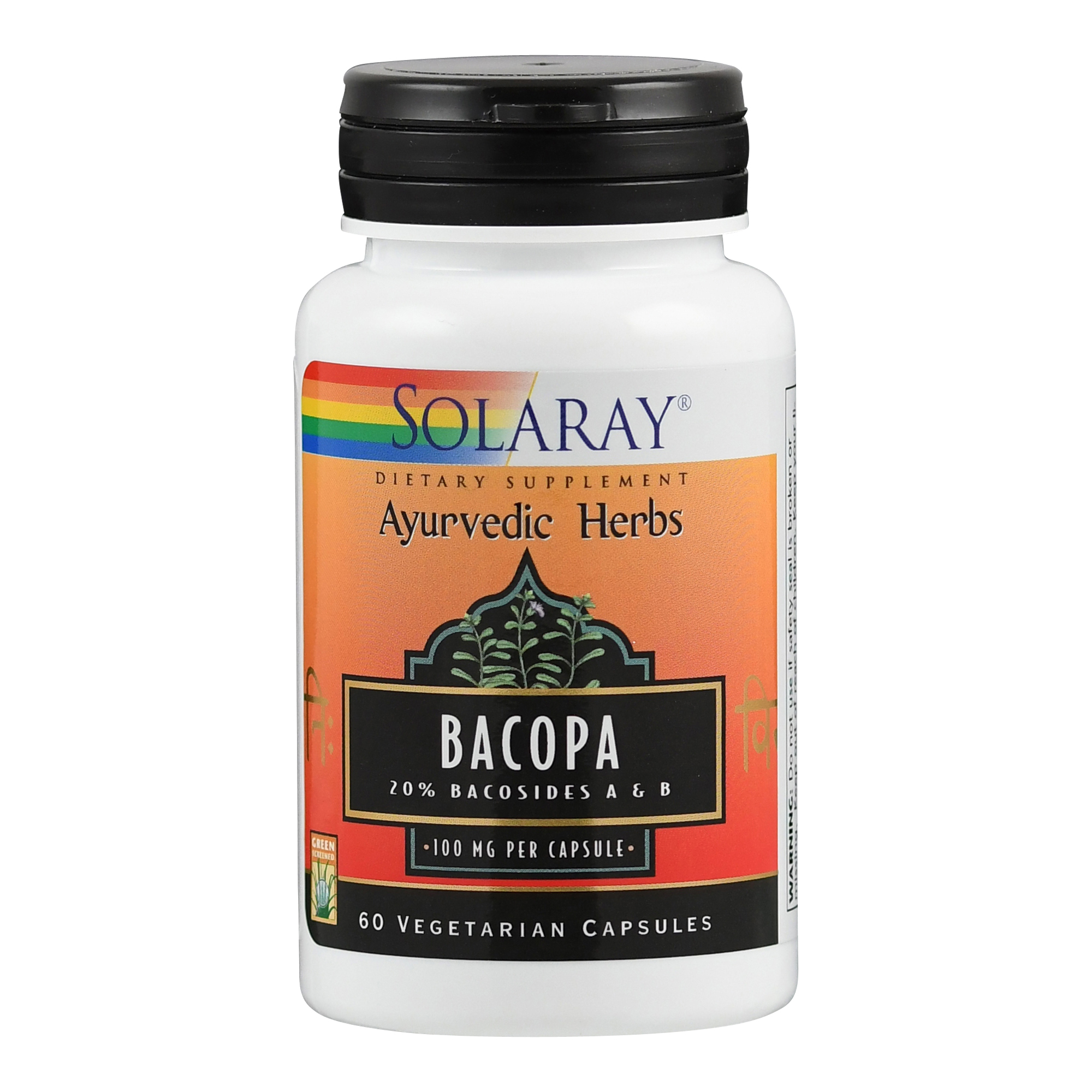 Flasche mit Bacopa-Hochdosis-Kapseln von Solaray, die 60 vegetarische Kapseln enthält.