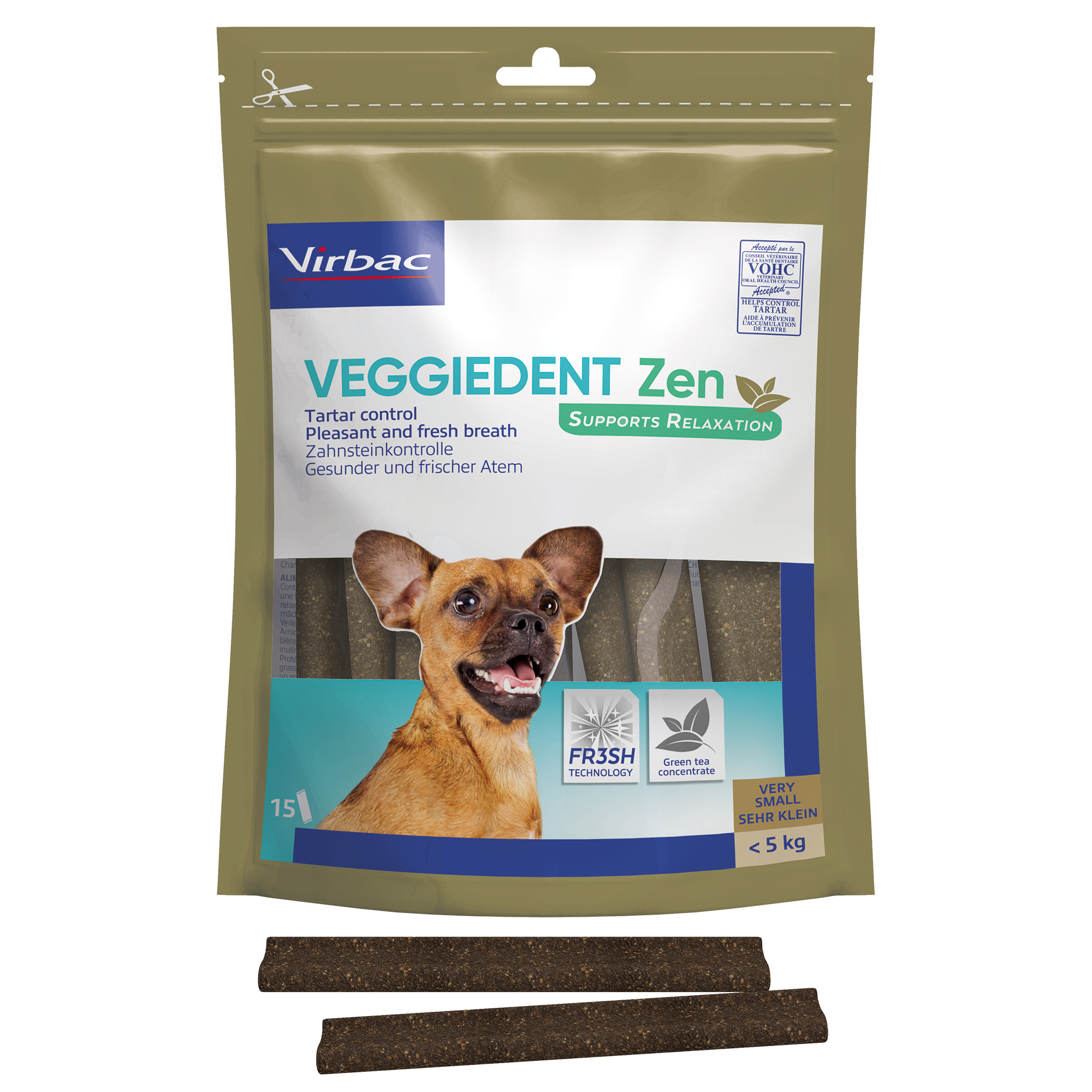 Verpackung von Virbac Veggiedent Zen, einem Zahnpflegeprodukt für kleine Hunde zur Kontrolle von Zahnstein und Förderung frischen Atems.