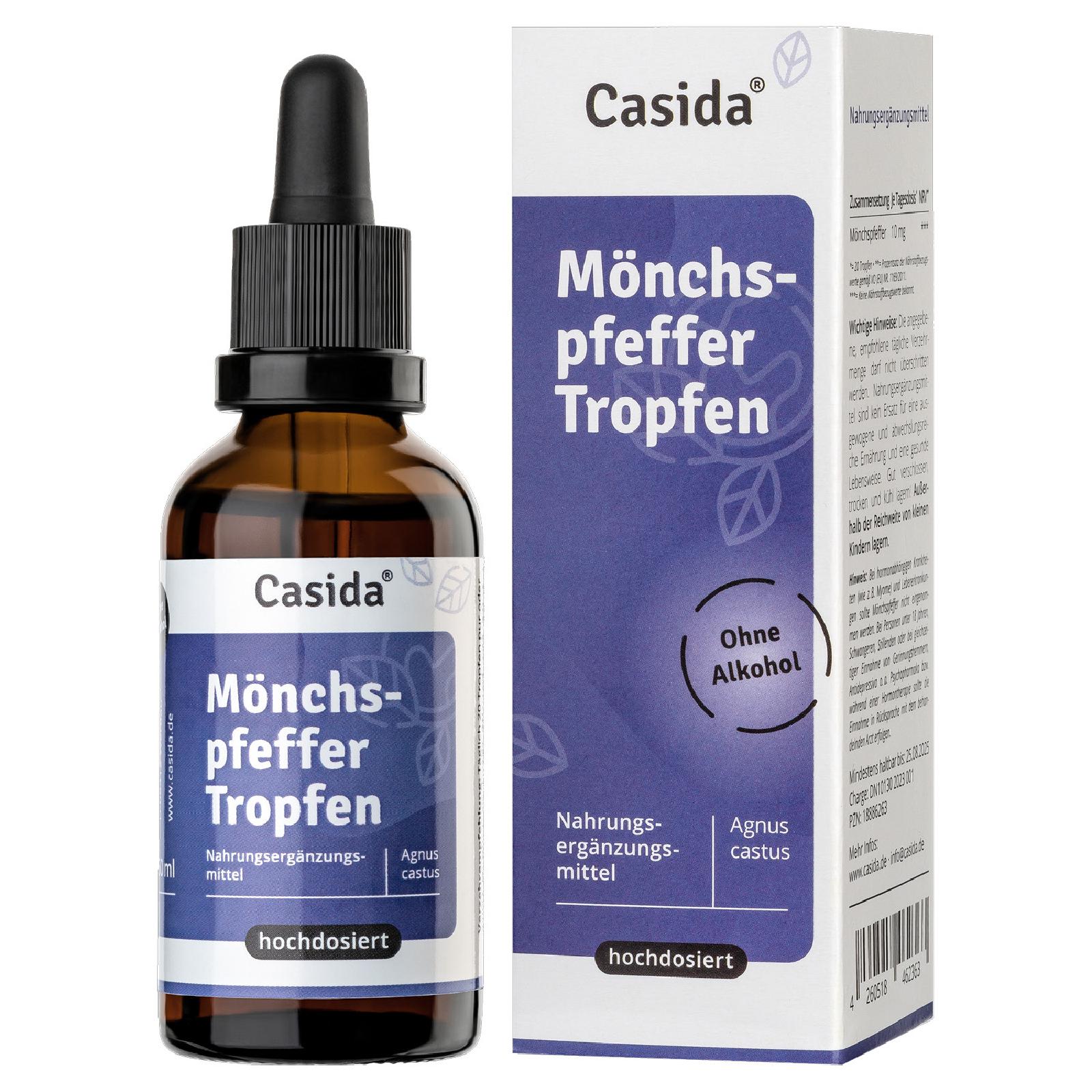 Braunflasche mit Pipette, beschriftet mit „Mönchspfeffer-Tropfen“ und den Hinweisen „hochdosiert“ und „ohne Alkohol“, neben einer passenden Verpackung.