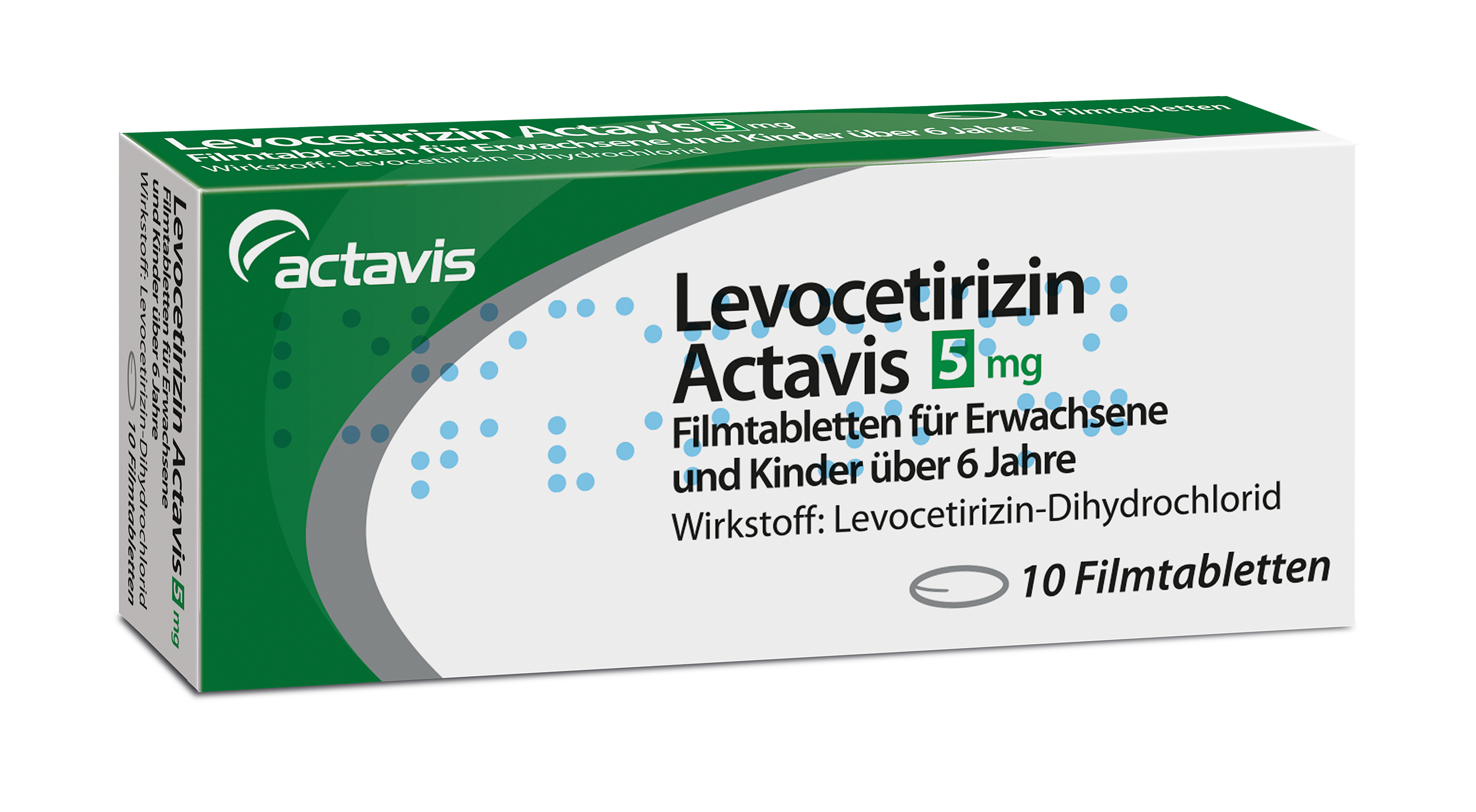 Packung von Levocetirizin Actavis 5 mg Filmtabletten für Erwachsene und Kinder über 6 Jahre, enthält 10 Filmtabletten.