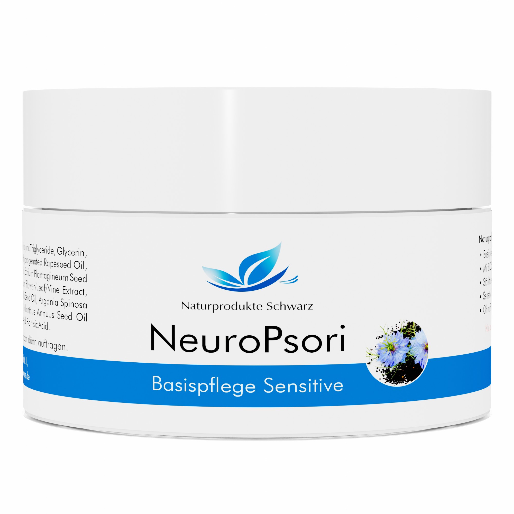 Weißer Cremetiegel mit blauer Beschriftung „NeuroPsori Basispflege Sensitive“ und dem Logo von Naturprodukte Schwarz.