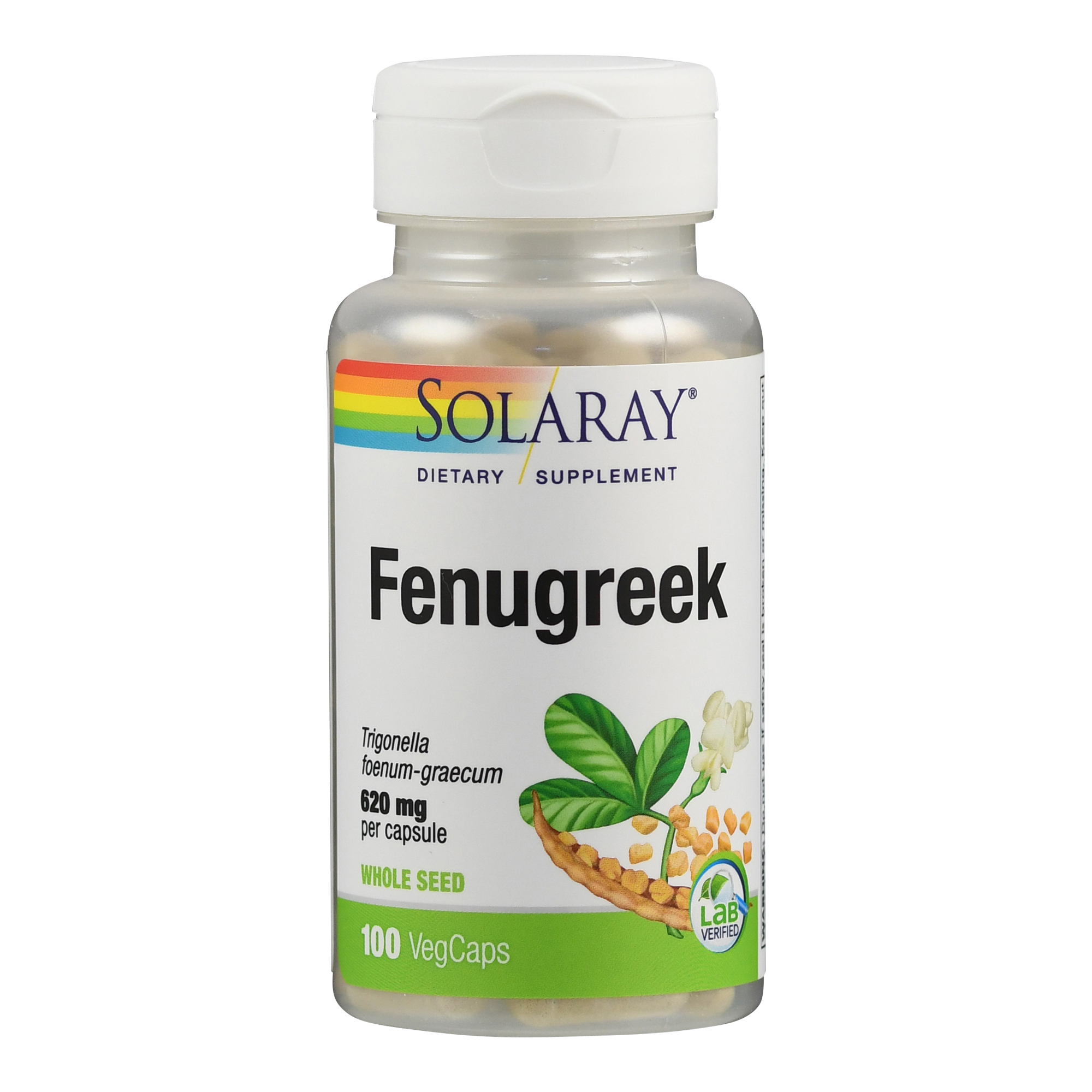 Flasche mit Fenugreek-Kapseln von Solaray, 100 VegCaps, 620 mg pro Kapsel, mit Pflanzenabbild und Angaben zur Inhaltsstoffbezeichnung.