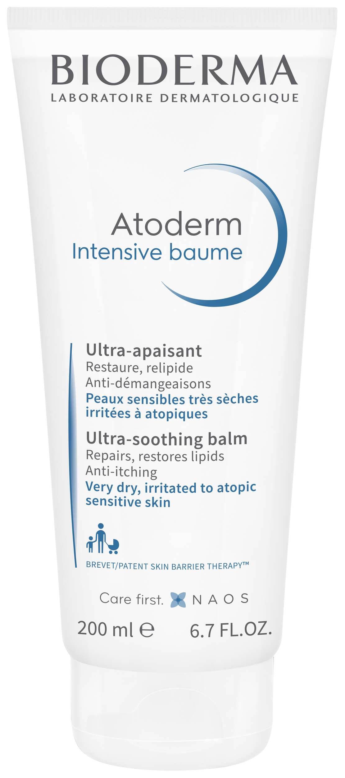 Tube mit Bioderma Atoderm Intensive Baume, 200 ml, mit Beschreibungen zu beruhigenden und reparierenden Eigenschaften für trockene, empfindliche Haut.