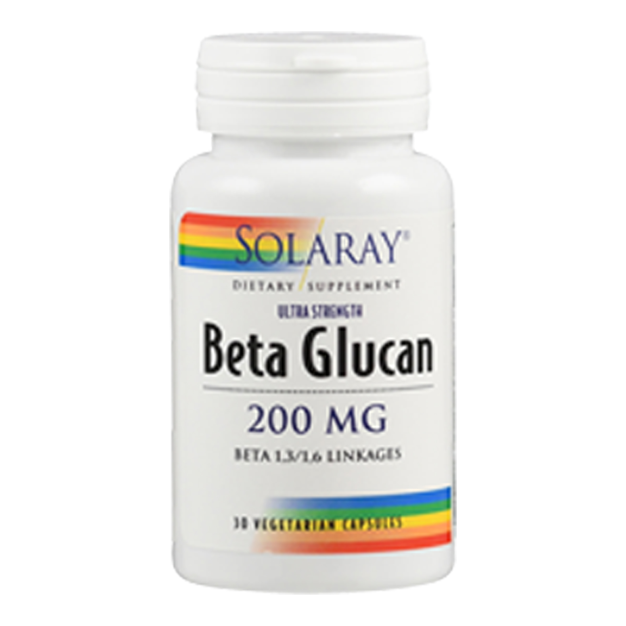 Weißes Fläschchen mit dem Etikett "Solaray Beta Glucan 200 MG" und der Angabe "30 vegetarische Kapseln".