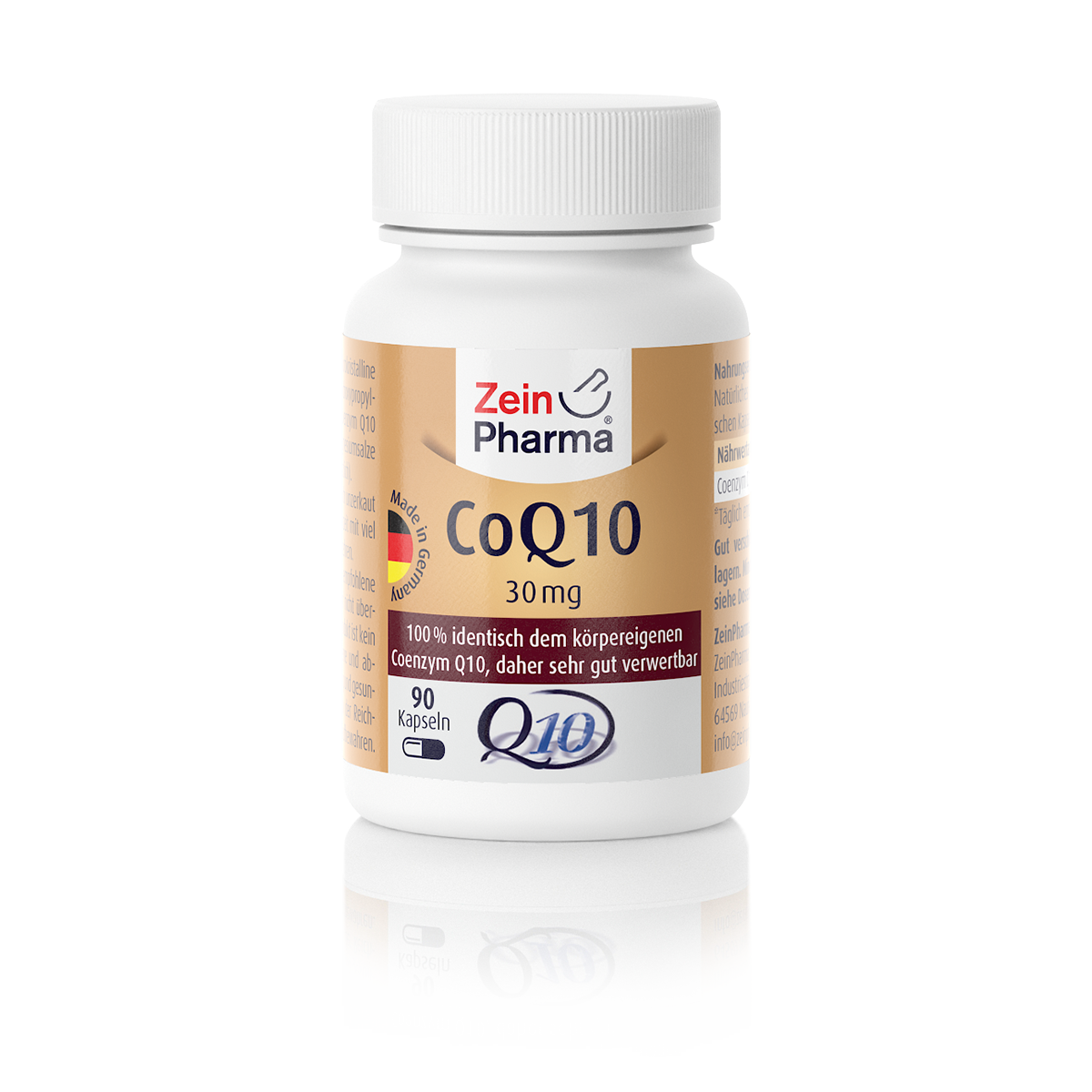 Weißes Flaschenkörper mit brauner Etikettierung, beschriftet mit "Zein Pharma CoQ10 30 mg", enthält 90 Kapseln.