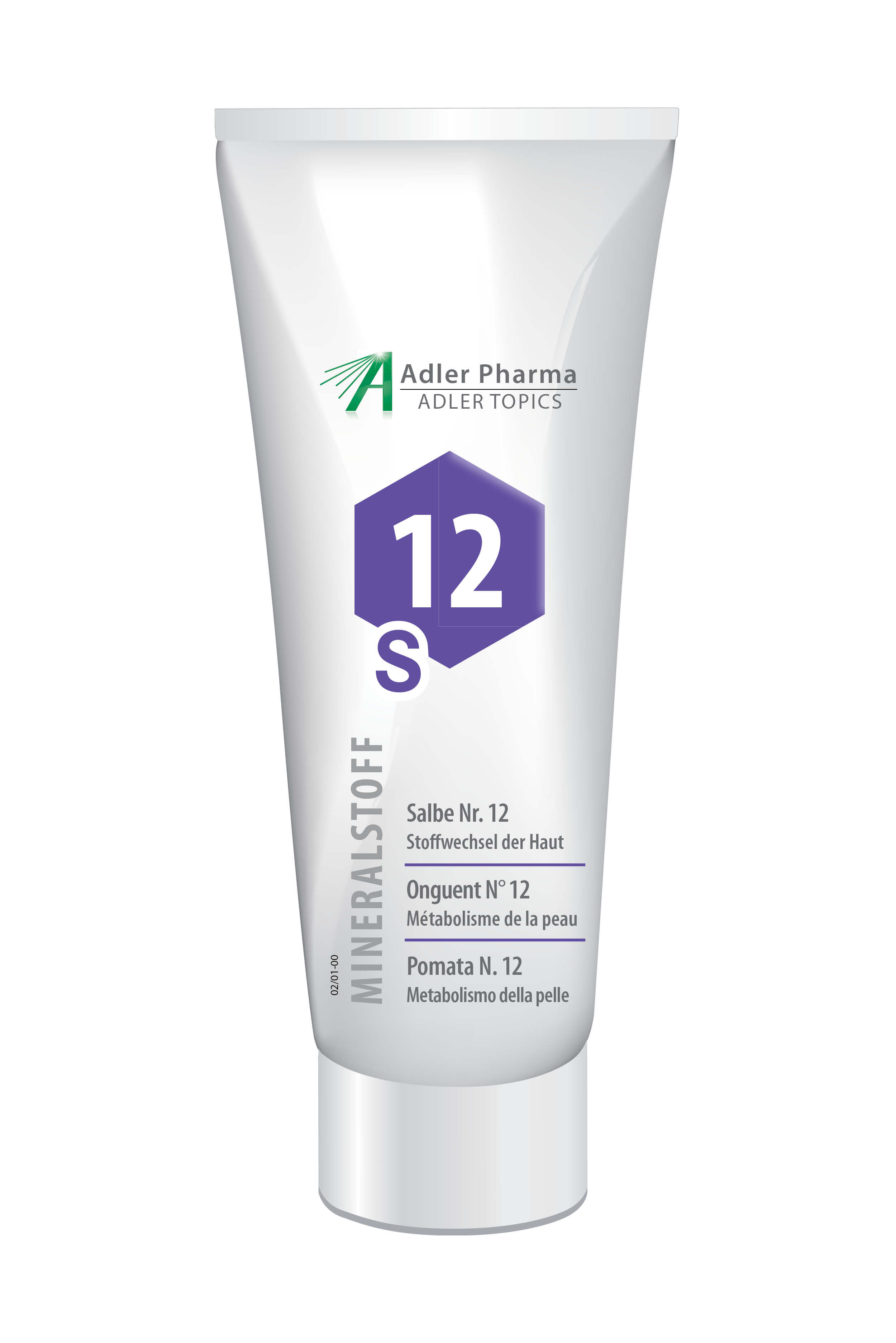 Tube mit Salbe Nr. 12 von Adler Pharma, die Mineralstoffe zur Hautpflege enthält.