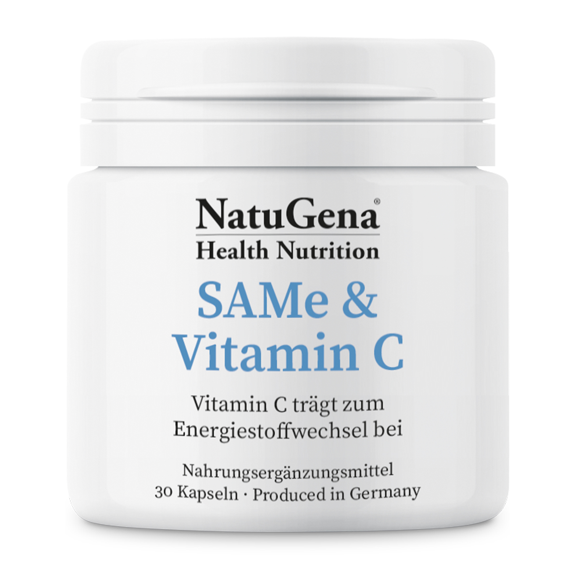 Weißes Supplement-Glas mit dem Aufdruck „NatuGena Health Nutrition SAMe & Vitamin C“ und einer Beschreibung des Produkts.