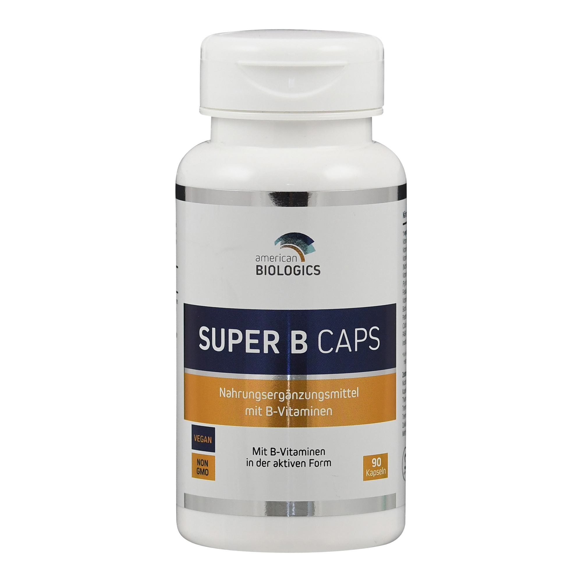 Flasche mit Nahrungsergänzungsmittel "Super B Caps" von American Biologics, enthält B-Vitamine, 90 Kapseln, vegan und ohne Gentechnik.
