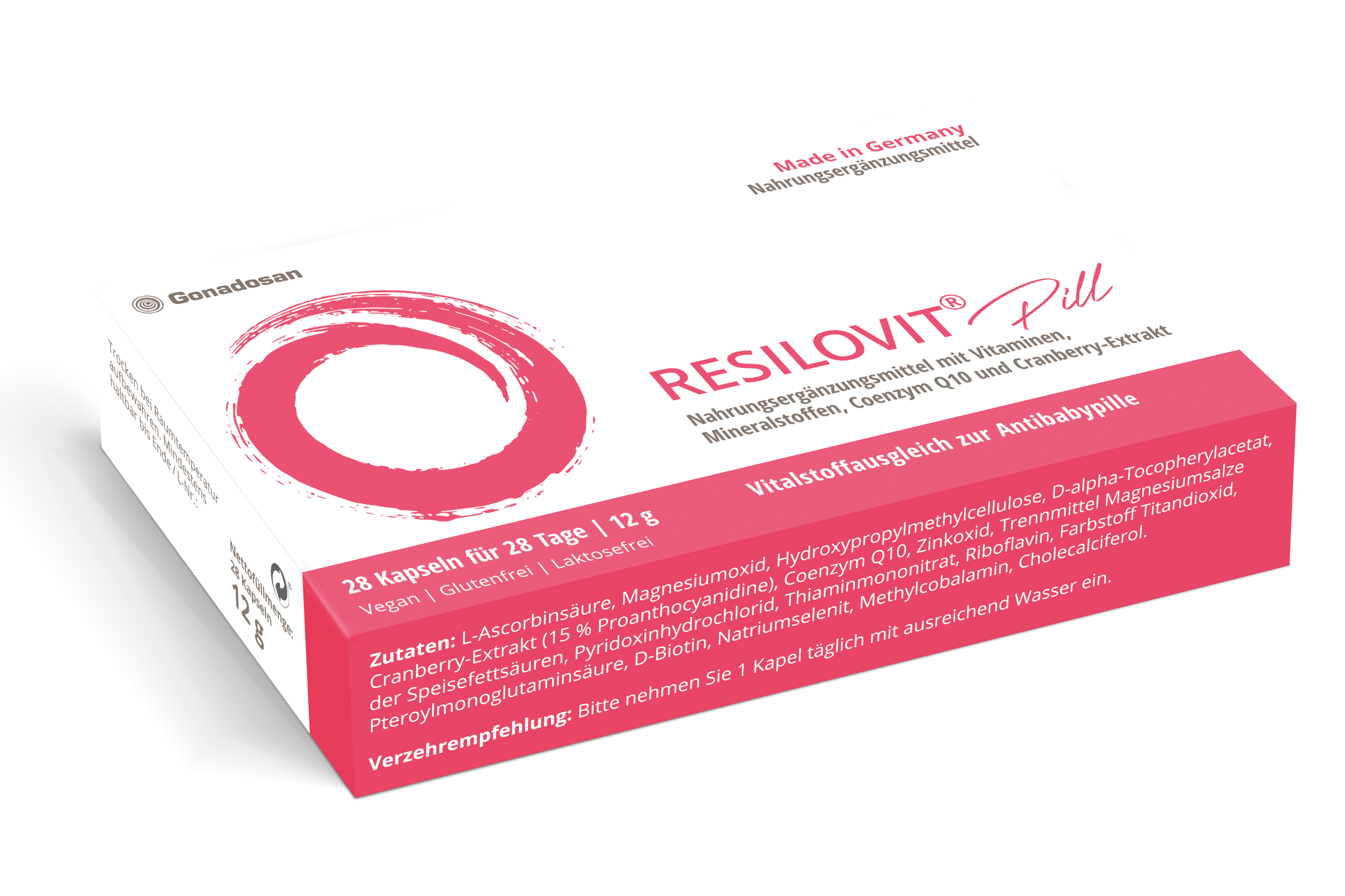 Packung von RESILOVIT Pill mit 28 Kapseln für 28 Tage, hergestellt in Deutschland.