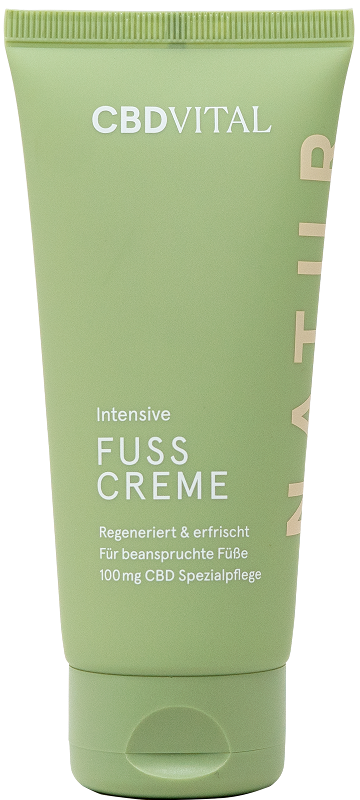 Grüne Tube mit CBD-VITAL Intensive Fusscreme, beschriftet mit „Regeneriert & erfrischt für beanspruchte Füße“.