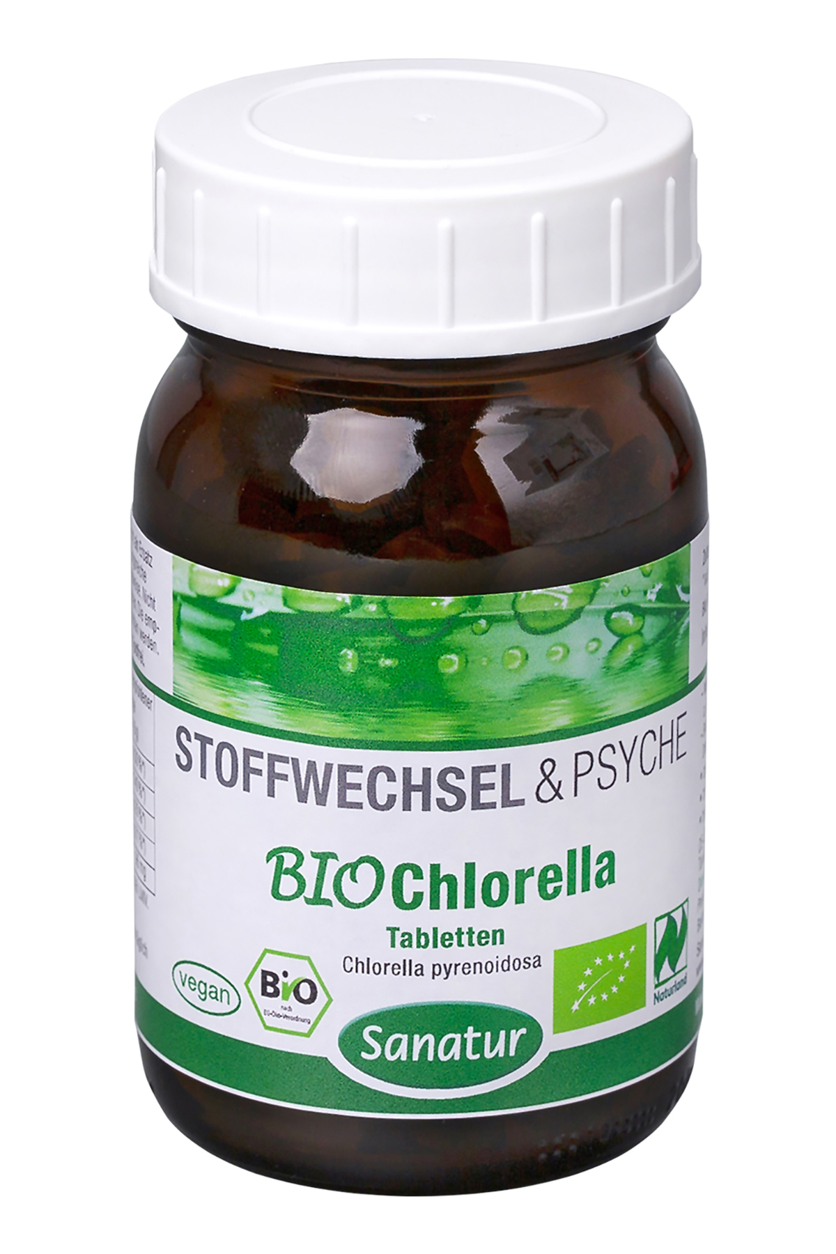 Braun-glänzendes Glasfläschchen mit weißem Schraubdeckel und Etikett, das "BIO Chlorella" Tabletten von Sanatur zeigt.