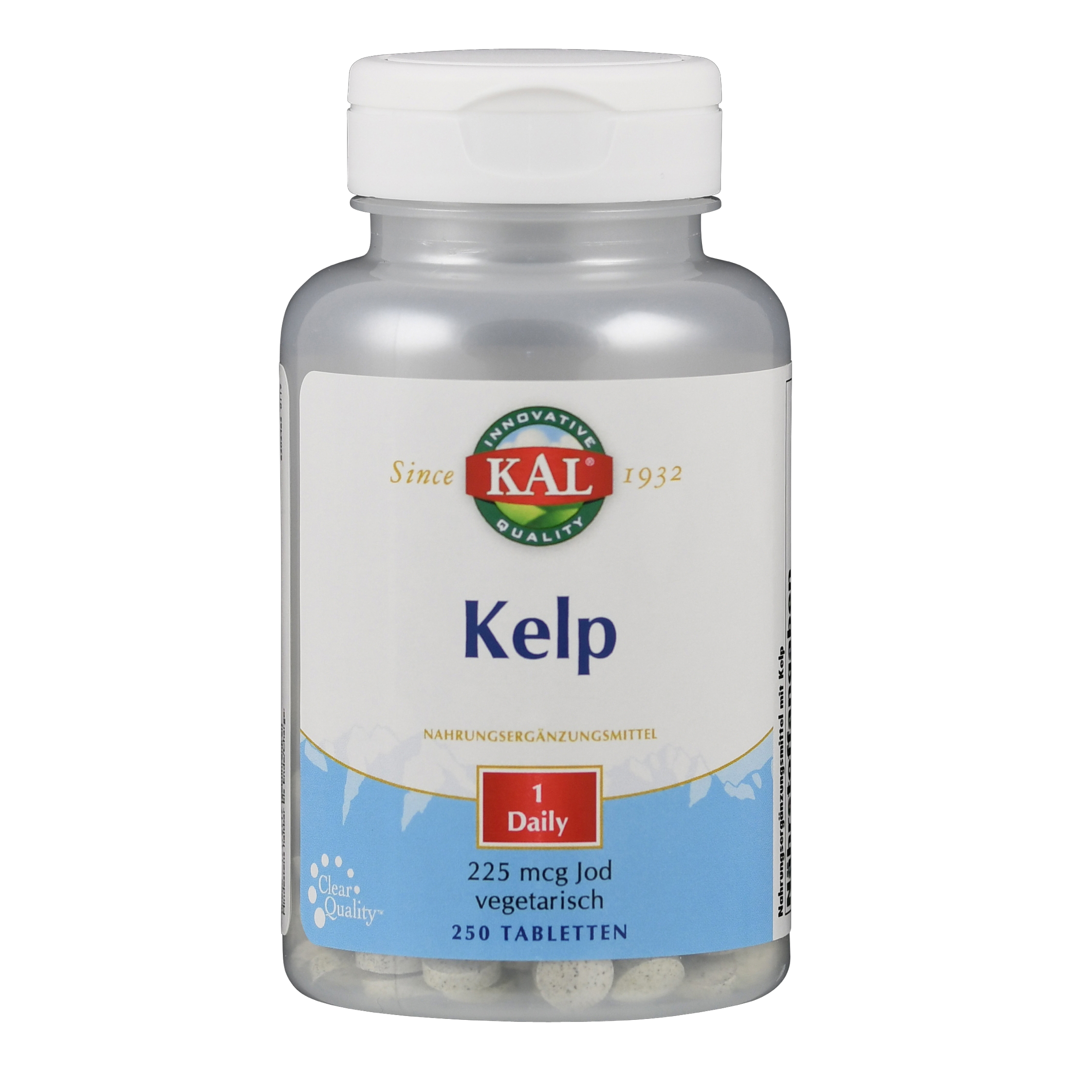 Flasche mit Nahrungsergänzungsmittel "Kelp" von KAL, enthält 225 mcg Jod, 250 Tabletten.