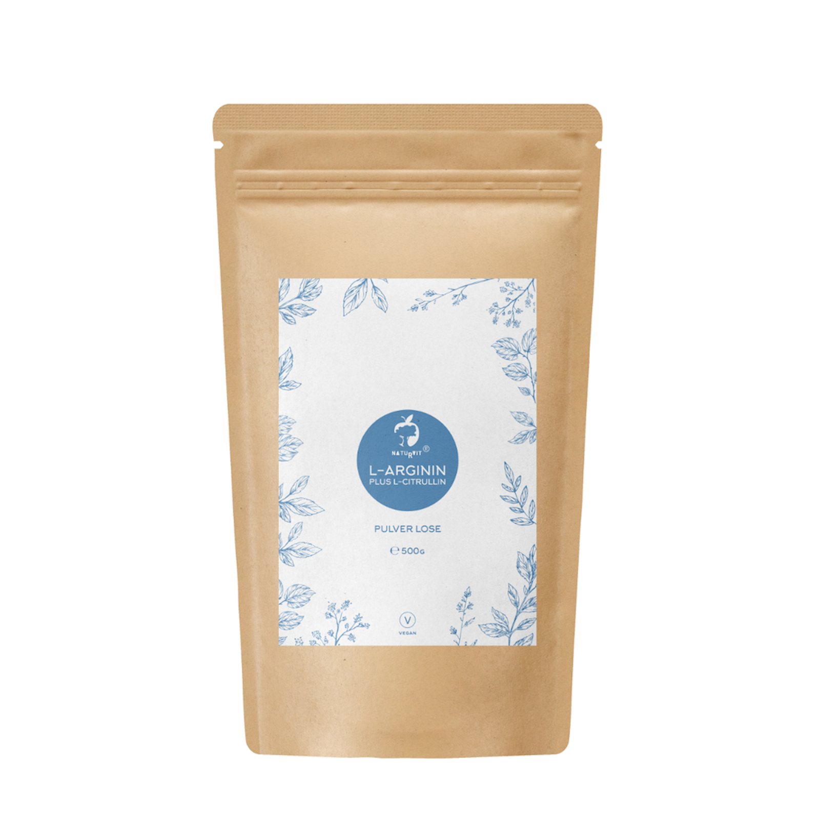 Beutel mit L-Arginin Pulver in einer braunen Verpackung mit floralem Design und blauer Aufschrift.