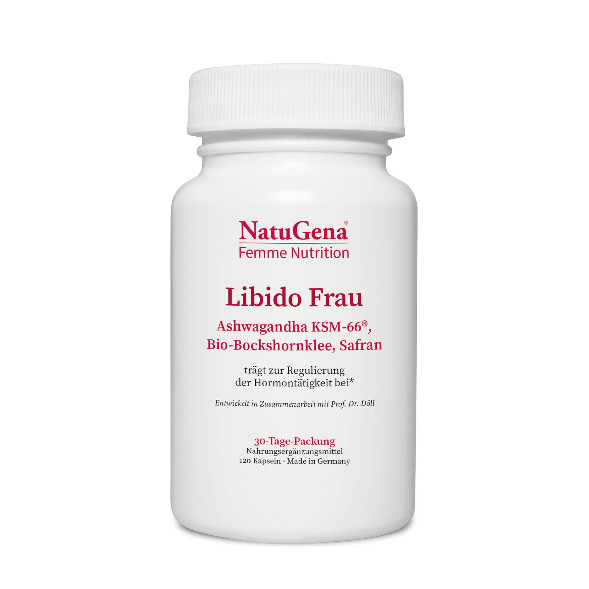 Weißes Fläschchen mit Schraubverschluss, beschriftet mit "NatuGena Femme Nutrition Libido Frau", Angaben zu Inhaltsstoffen und Verwendung.