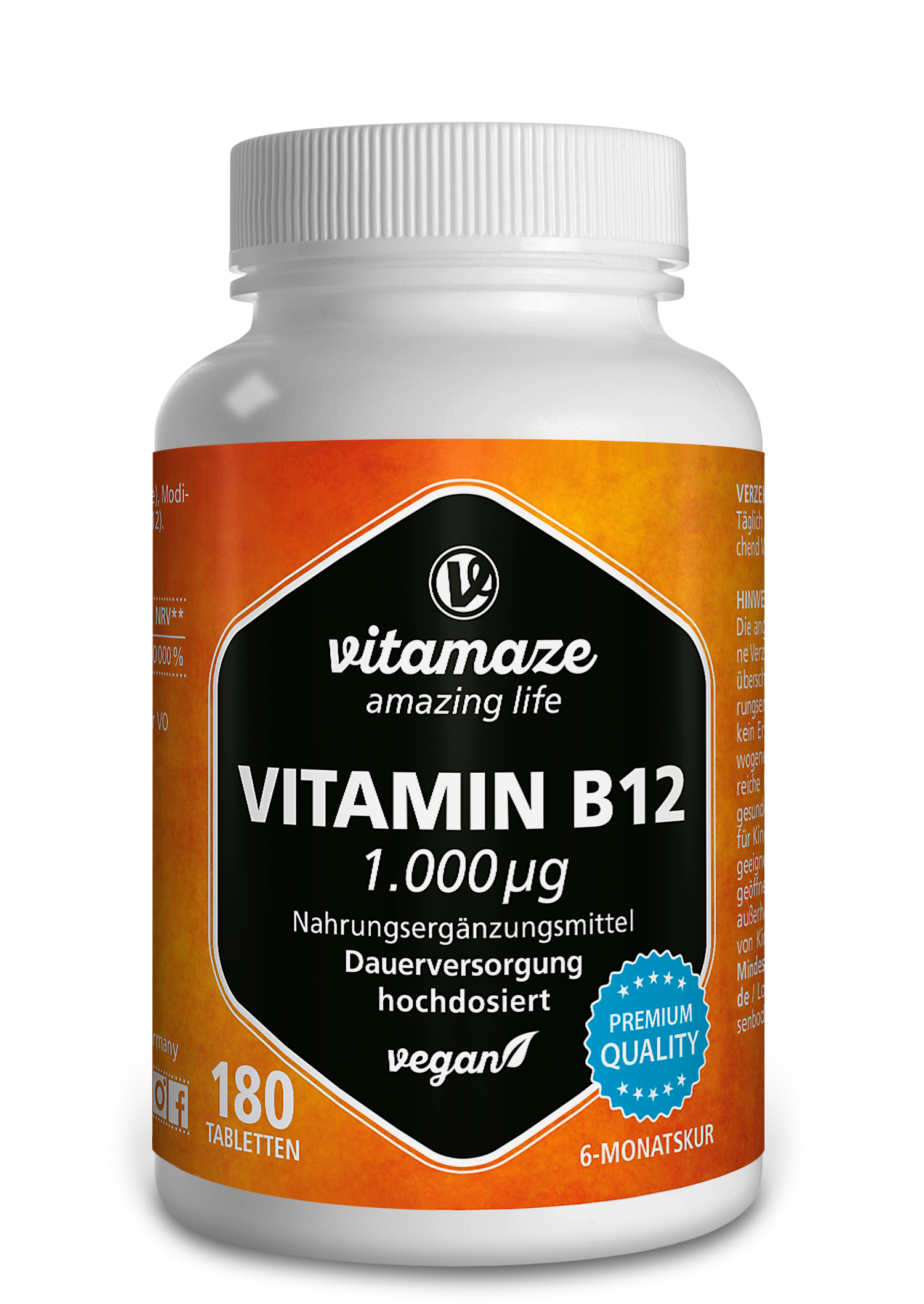 Vitamin B12 Nahrungsergänzungsmittel in einer weißen Flasche mit orangefarbenem Etikett, enthält 180 Tabletten und ist vegan.