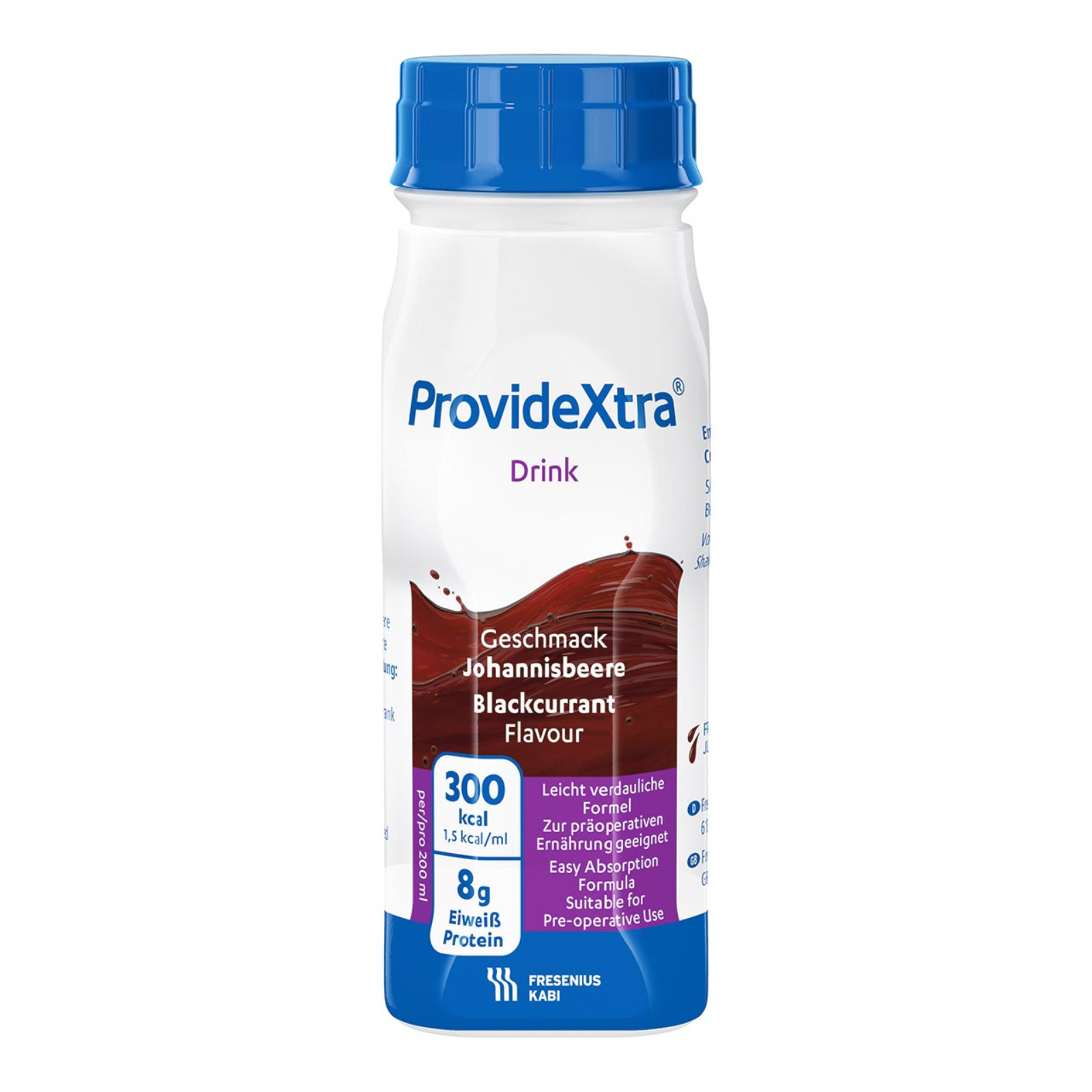Flasche mit ProvideExtra Drink, Geschmack Johannisbeere, 300 kcal, 8 g Protein.
