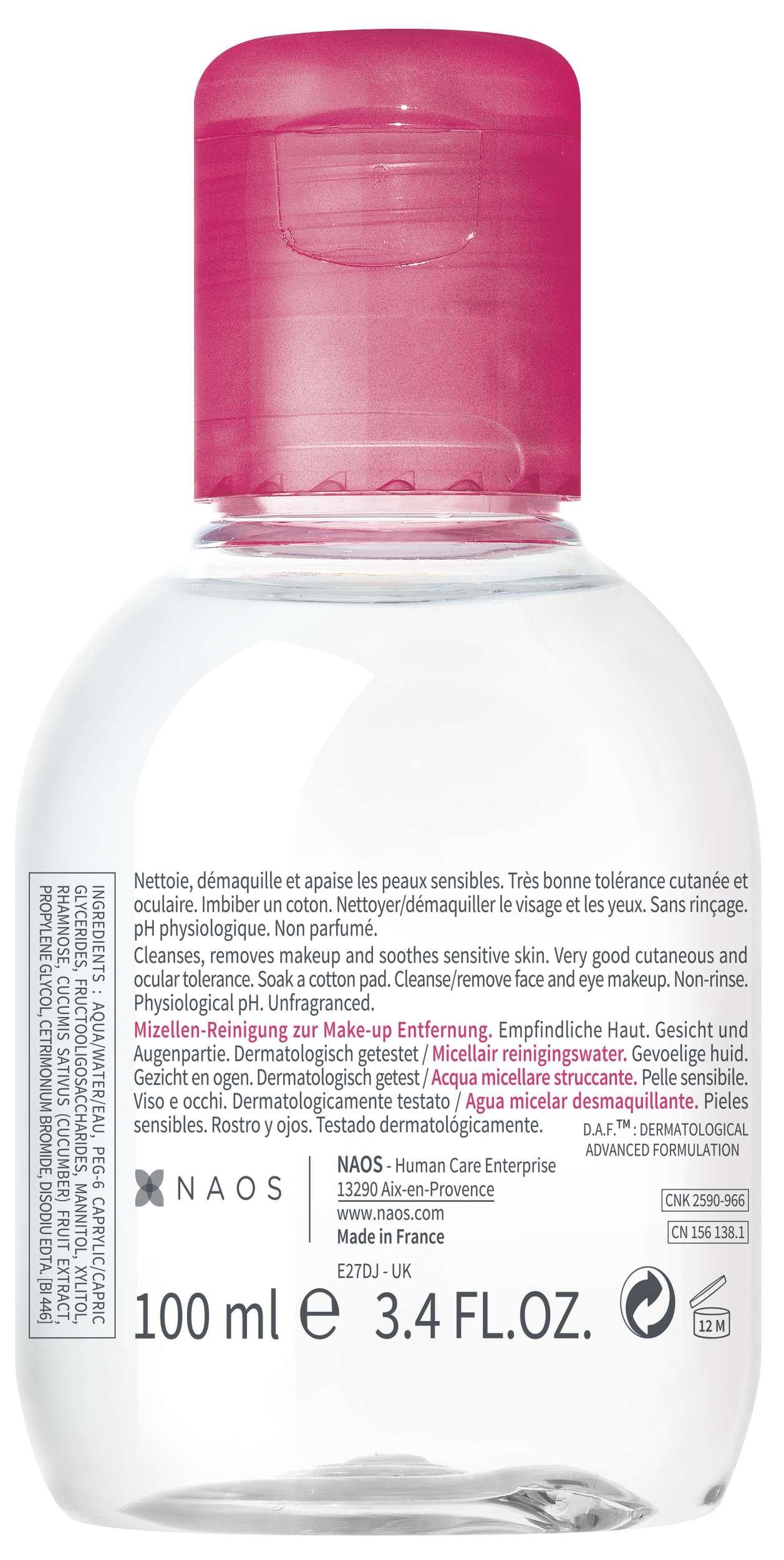 Flasche mit Gesichtswasser, 100 ml Inhalt, klare Flüssigkeit und pinkem Deckel.