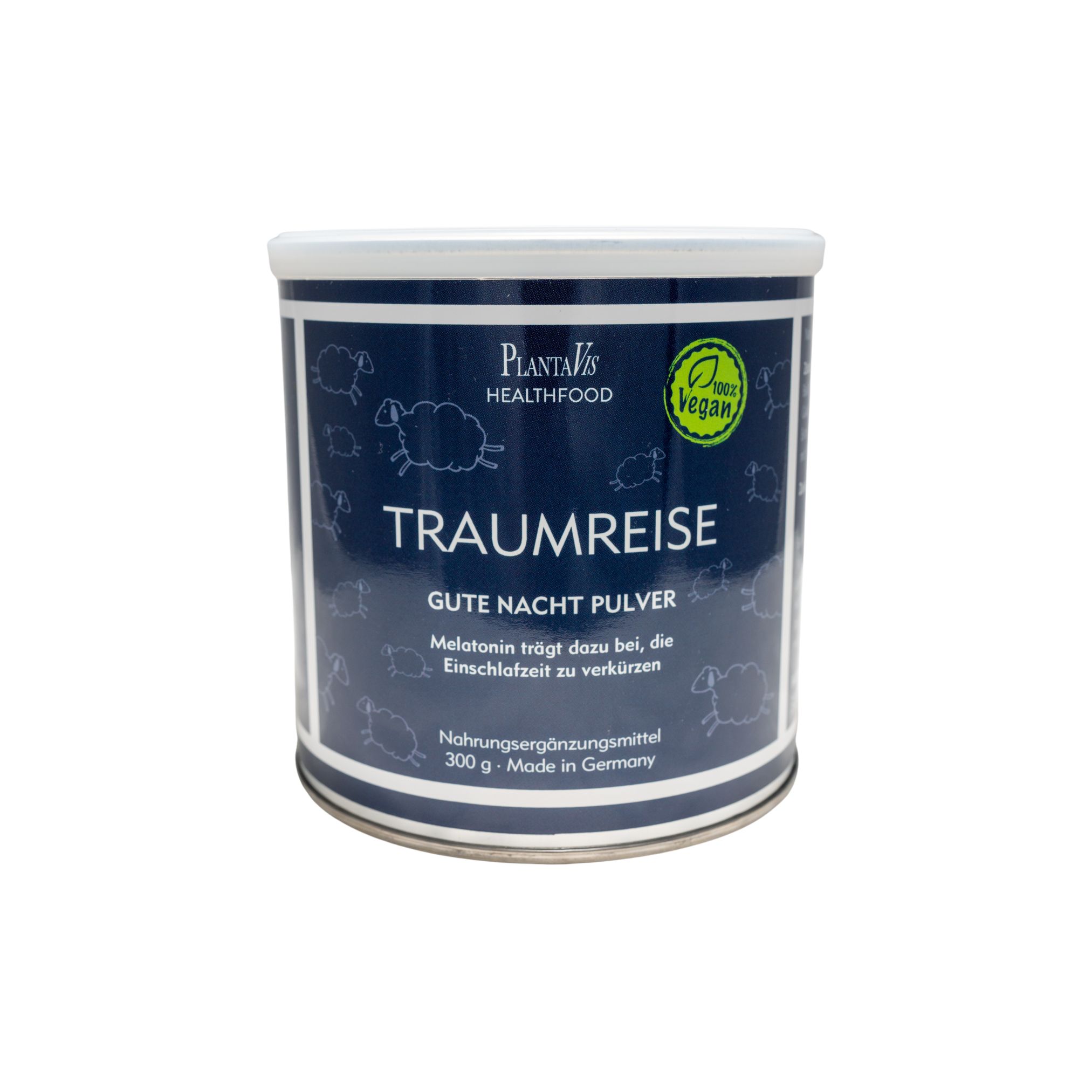 Dose mit dem Aufdruck "Traumreise - Gute Nacht Pulver", 300 g, von Plantavital Healthfood, mit einem veganen Symbol und einem Schaf-Design.