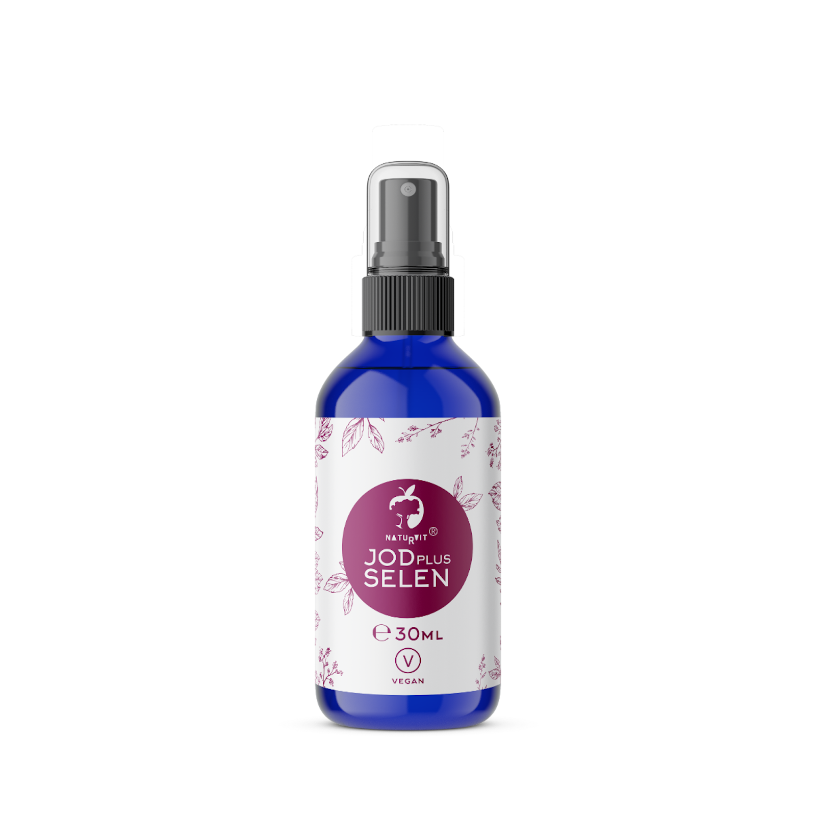 Flasche mit Jod- und Selen-Spray, 30 ml, etikettiert mit veganem Symbol und floralem Design.