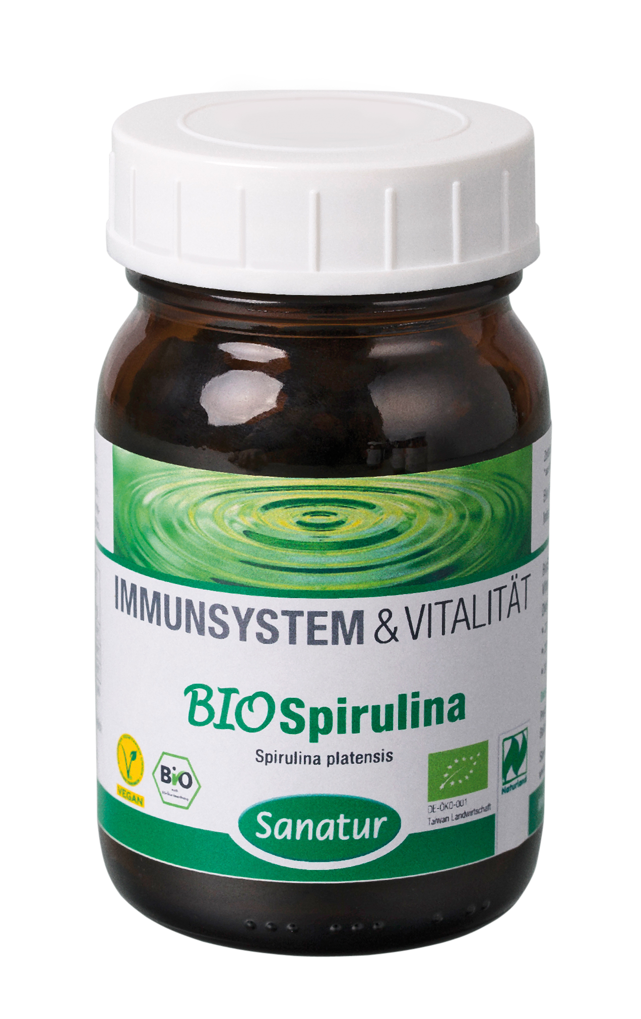 Braunglasflasche mit weißem Deckel, beschriftet mit "IMMUNSYSTEM & VITALITÄT", "BIO Spirulina", und dem Markennamen "Sanatur".