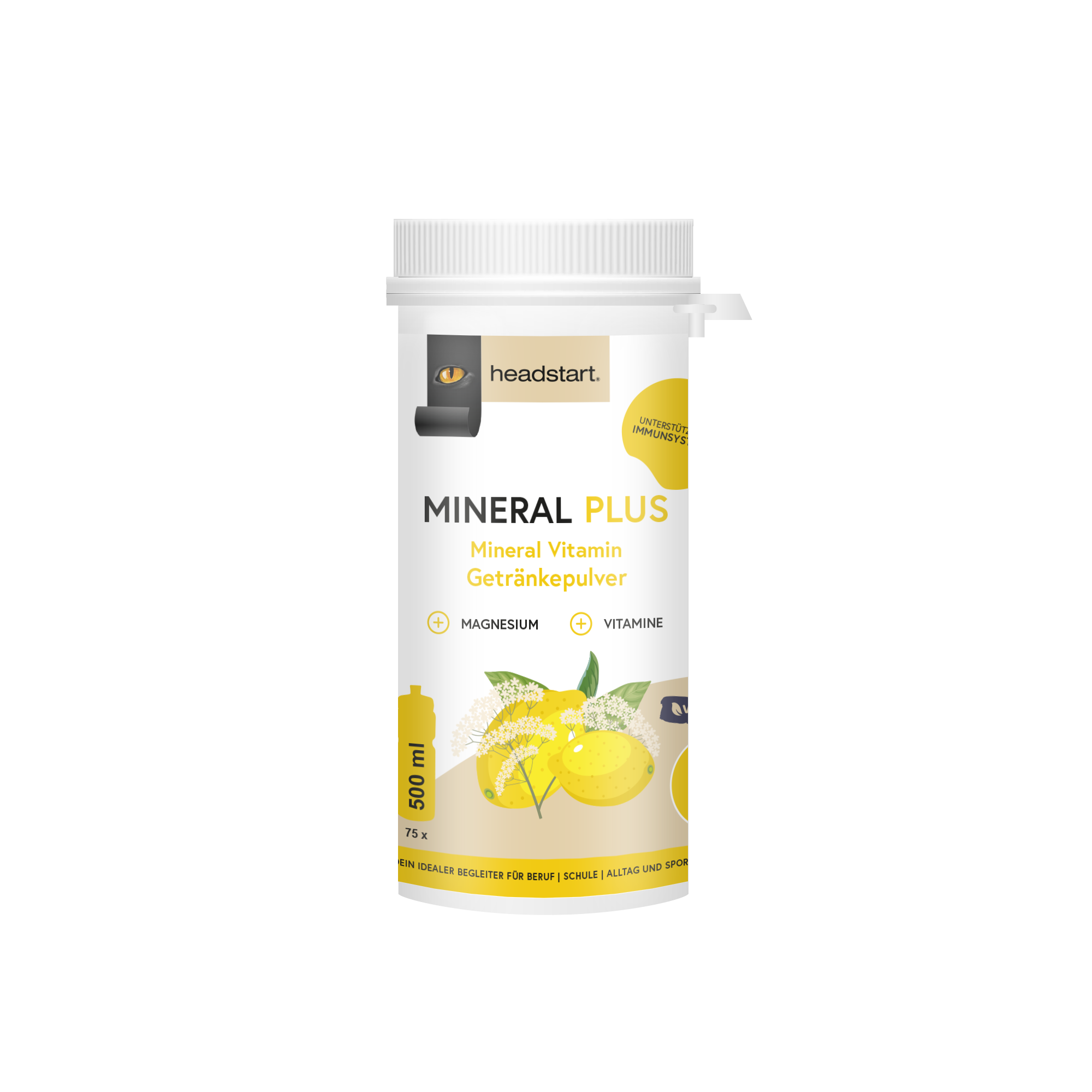 Dose mit Mineral Vitamin Getränkepulver "MINERAL PLUS" von headstart, einschließlich Angaben zu Magnesium und Vitaminen.