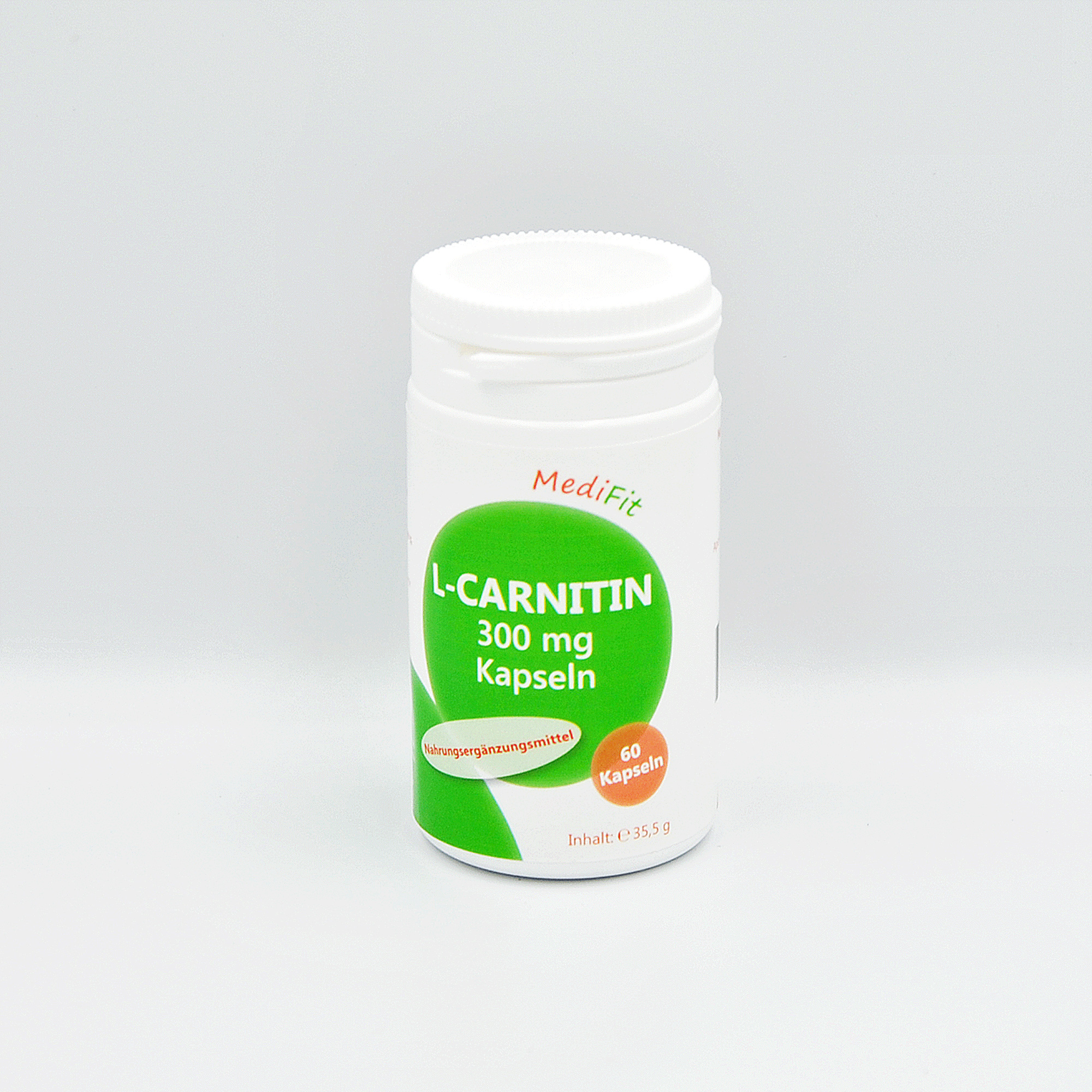 Weißes Fläschchen mit grünem Etikett, das L-Carnitin Kapseln (300 mg, 60 Kapseln) enthält.