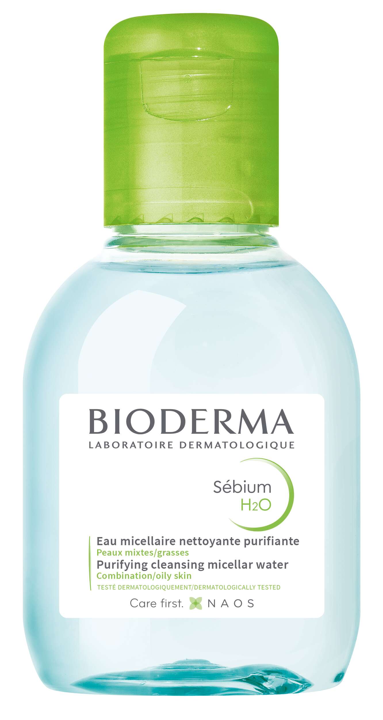 Flasche mit micellar Wasser von Bioderma, Sébium H2O, für gemischte Hauttypen, mit grünem Verschluss.