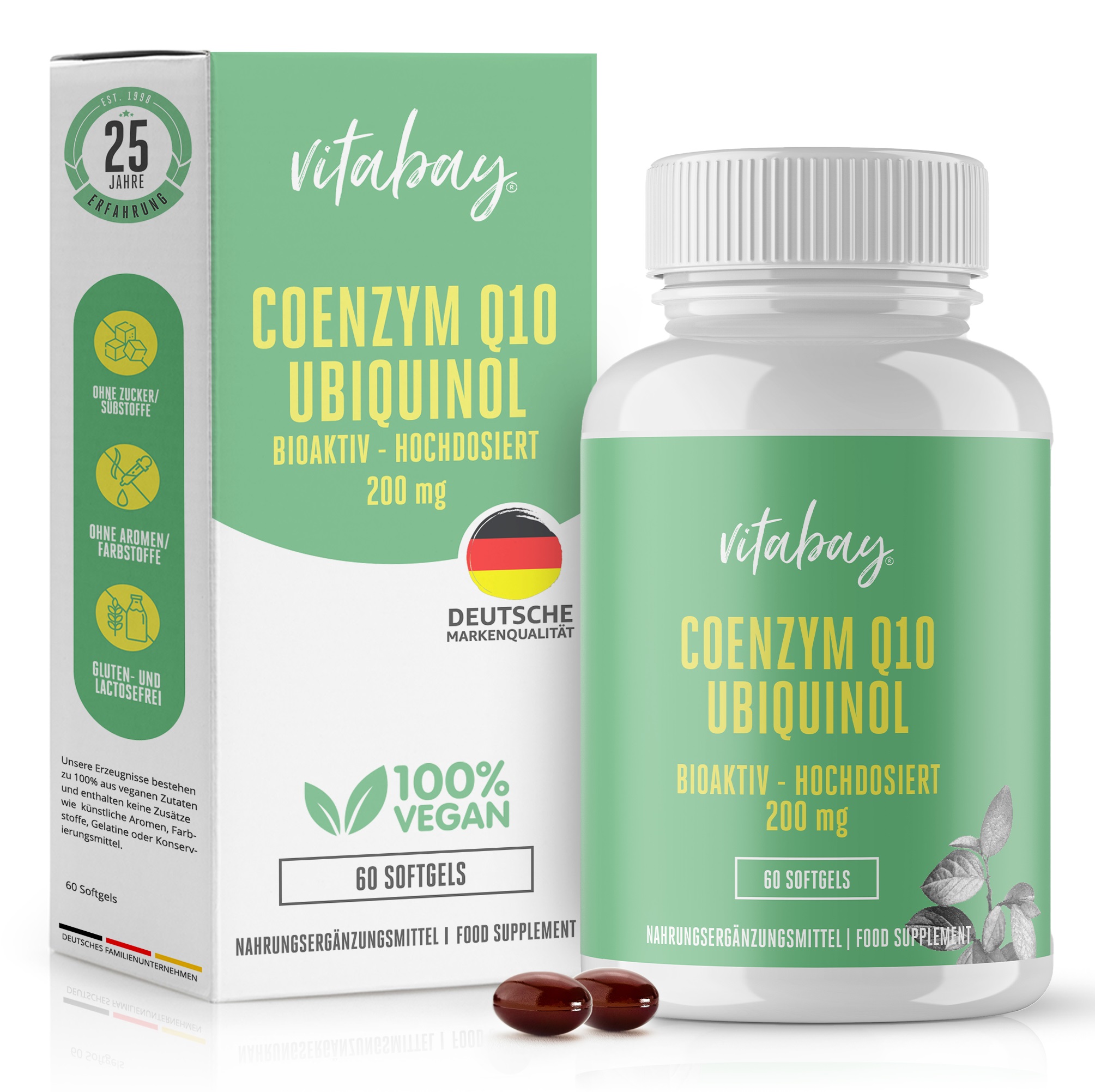 Flasche mit Nahrungsergänzungsmittel „Coenzym Q10 Ubiquinol“ in einer Verpackung, die die Bezeichnungen „bioaktiv“, „hochdosiere 200 mg“ und „100% vegan“ enthält.