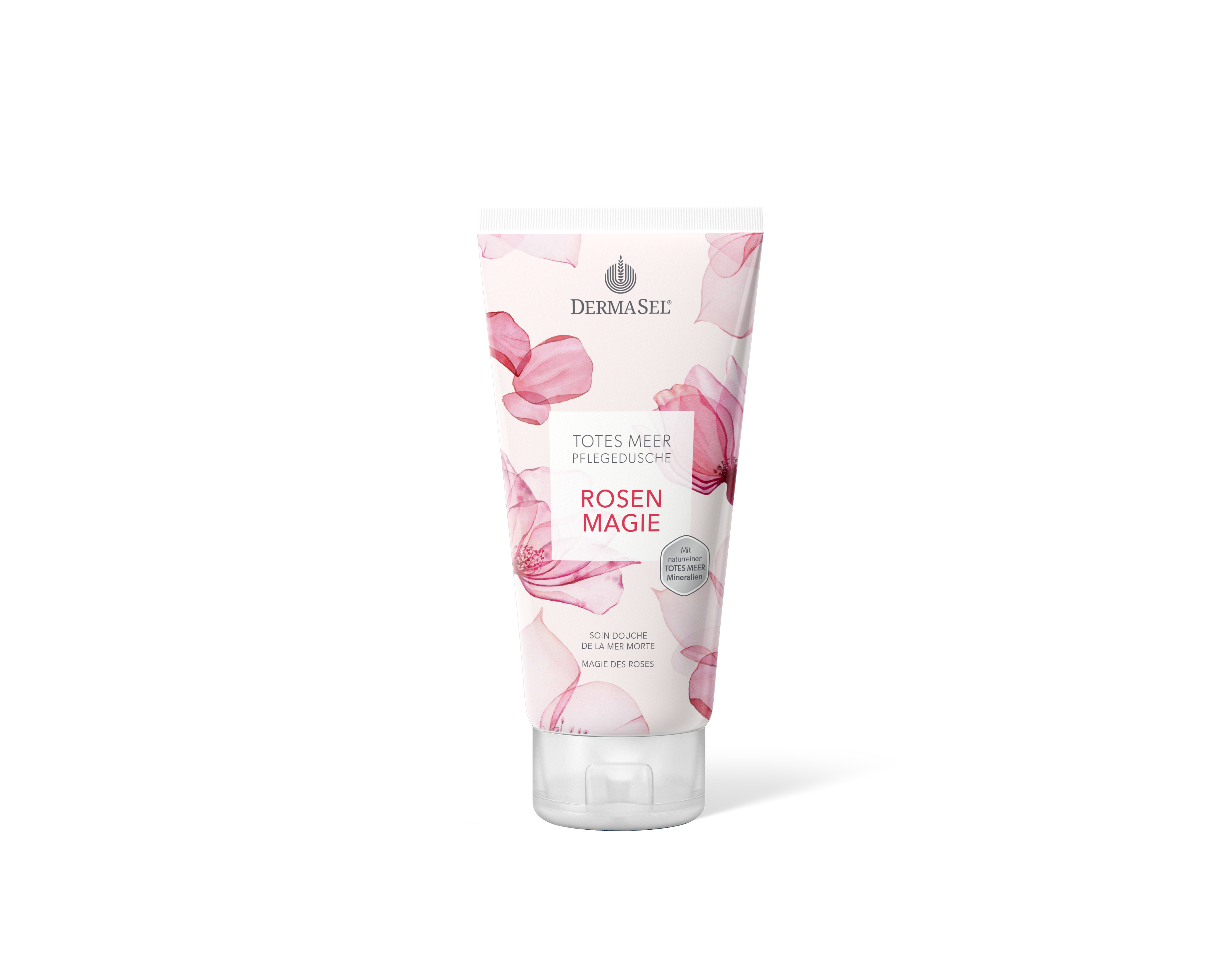 Tube mit Rosenmagie Pflegecreme von DermaSel, umgeben von rosa Blütenmotiven.