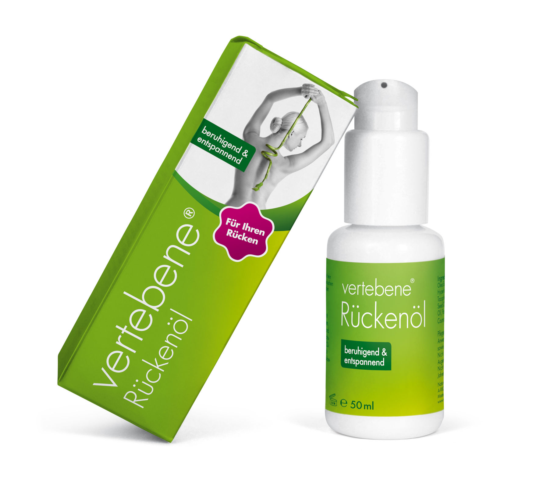 Verpackung und Flasche von vertebene Rückenöl, beruhigend und entspannend, 50 ml.